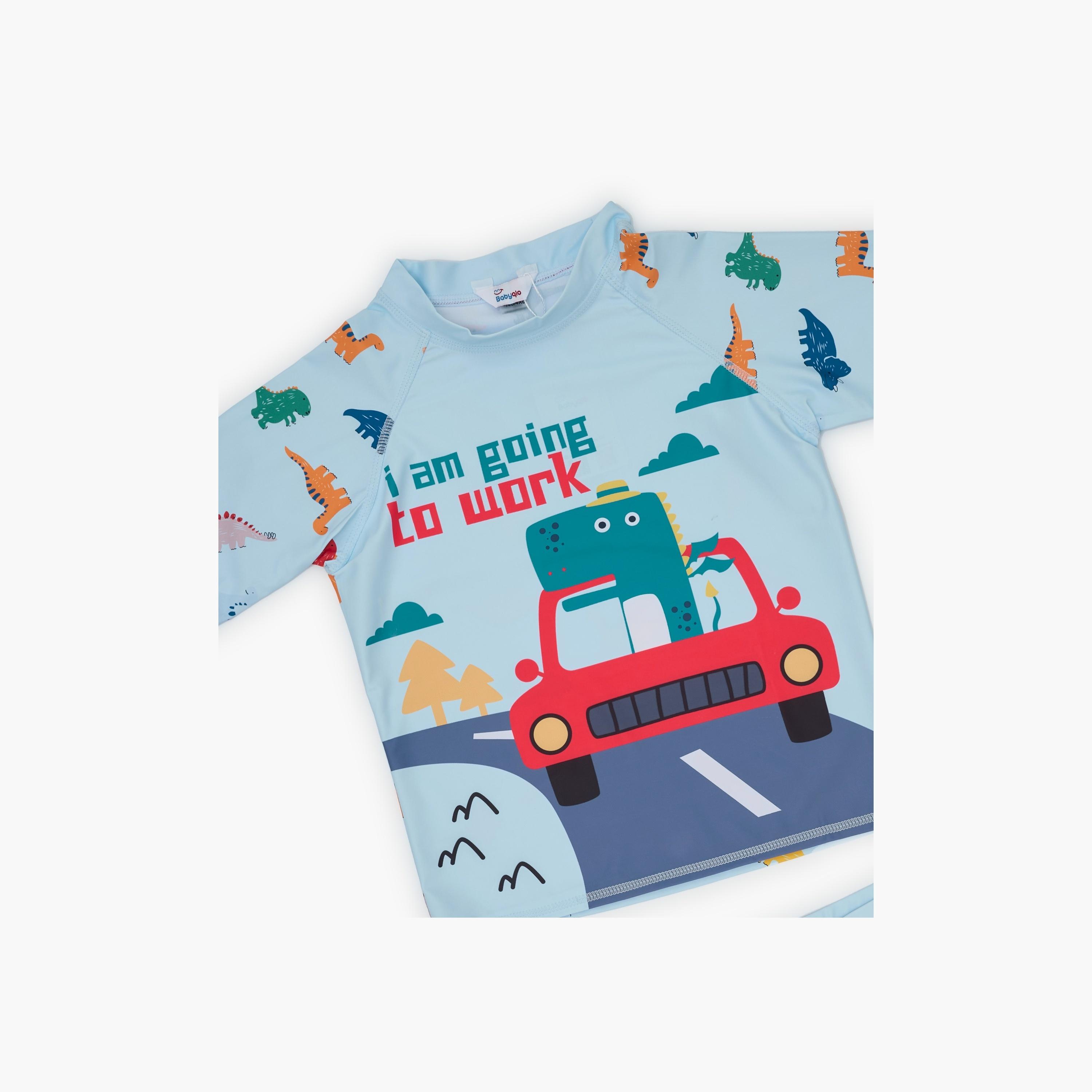 Babyqlo Dino Drive Printed Short Sleeves T-Shirt, Short with Cap-boys-clothing-swimwear-image-3