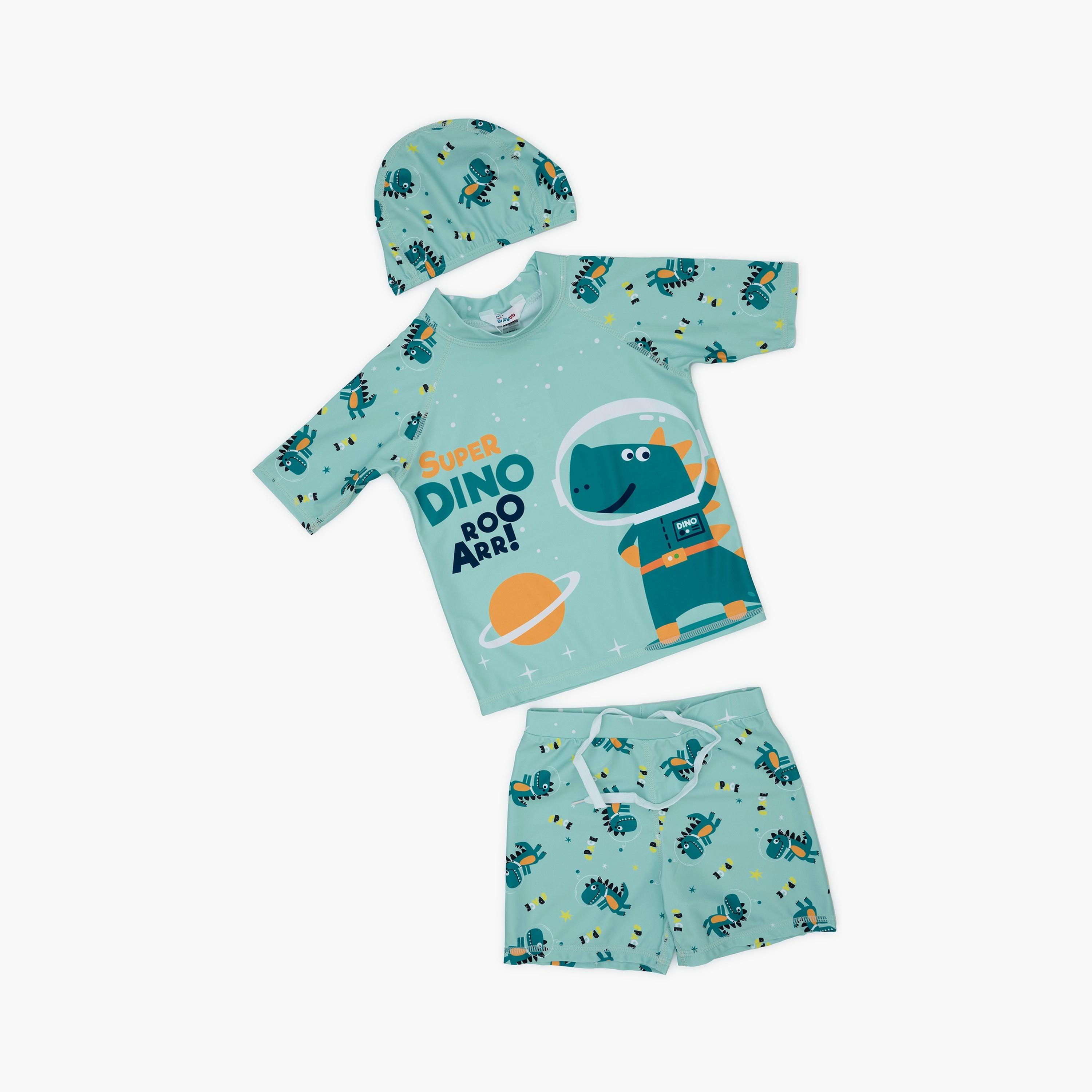 Babyqlo Space Dino Roar Printed Short Sleeves T-Shirt, Short with Cap-boys-clothing-swimwear-image-1