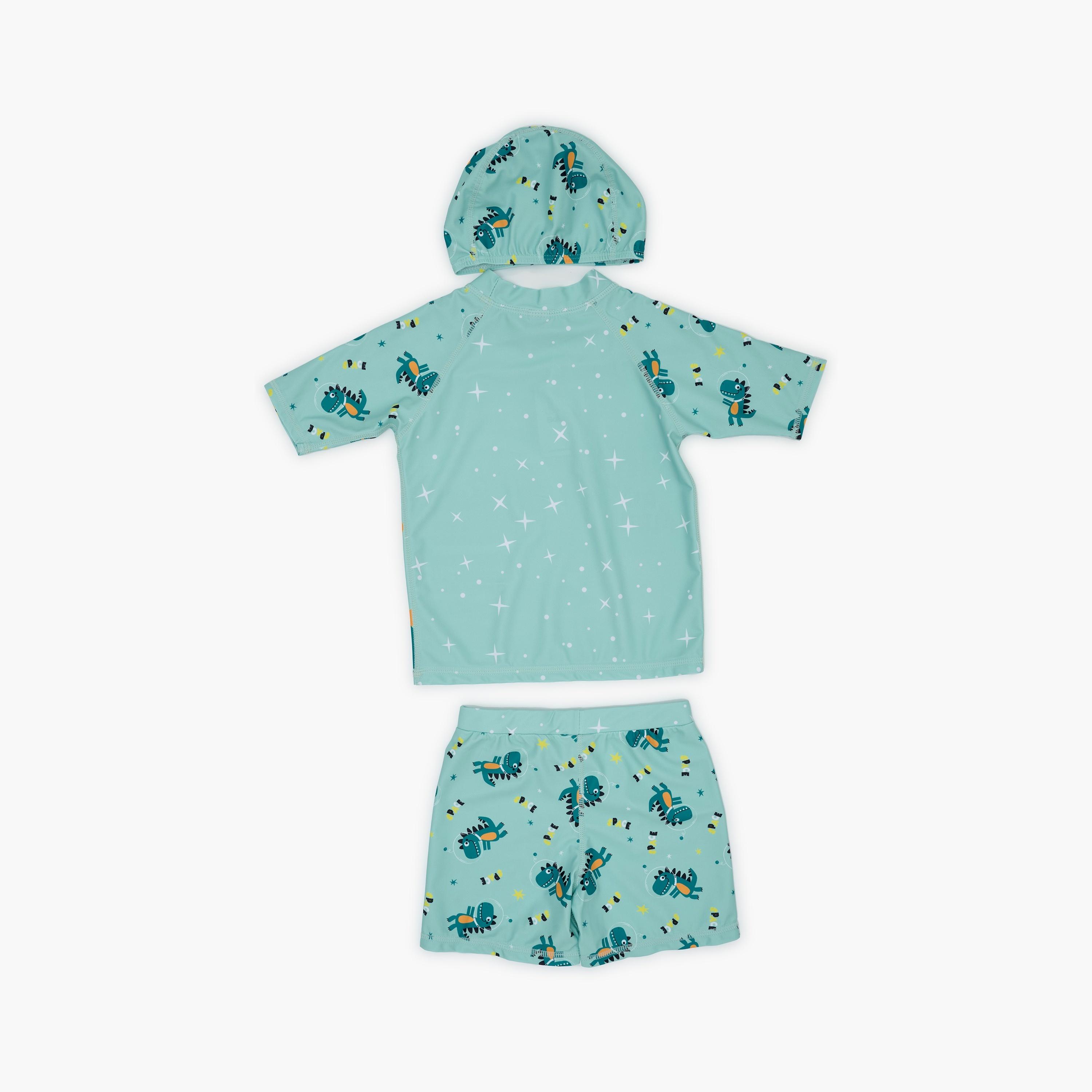 Babyqlo Space Dino Roar Printed Short Sleeves T-Shirt, Short with Cap-boys-clothing-swimwear-image-2