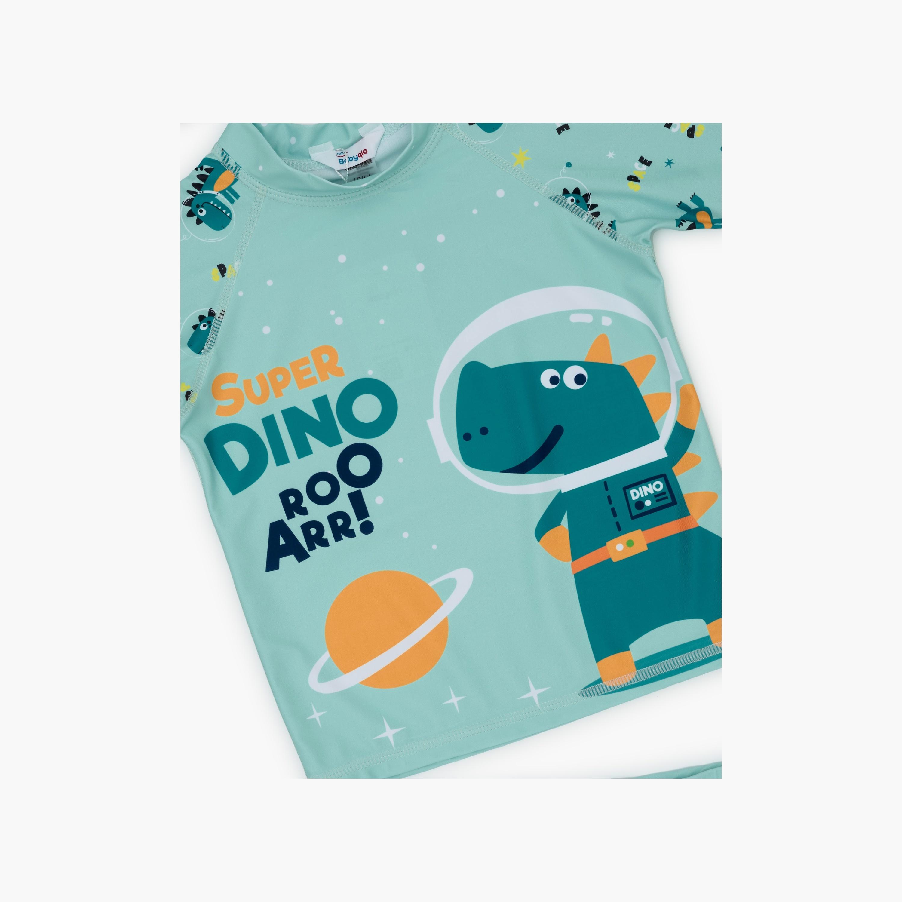 Babyqlo Space Dino Roar Printed Short Sleeves T-Shirt, Short with Cap-boys-clothing-swimwear-image-3