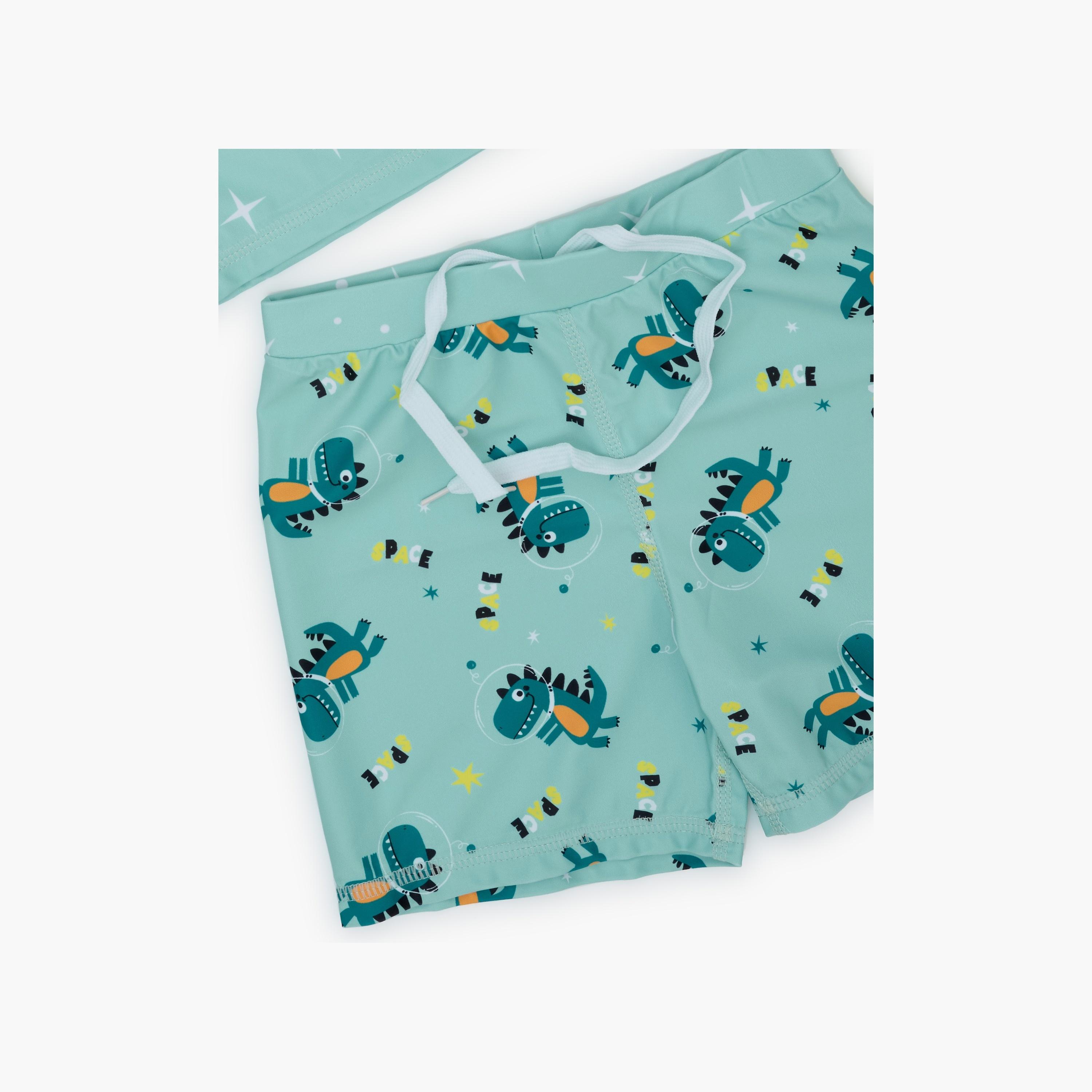 Babyqlo Space Dino Roar Printed Short Sleeves T-Shirt, Short with Cap-boys-clothing-swimwear-image-4