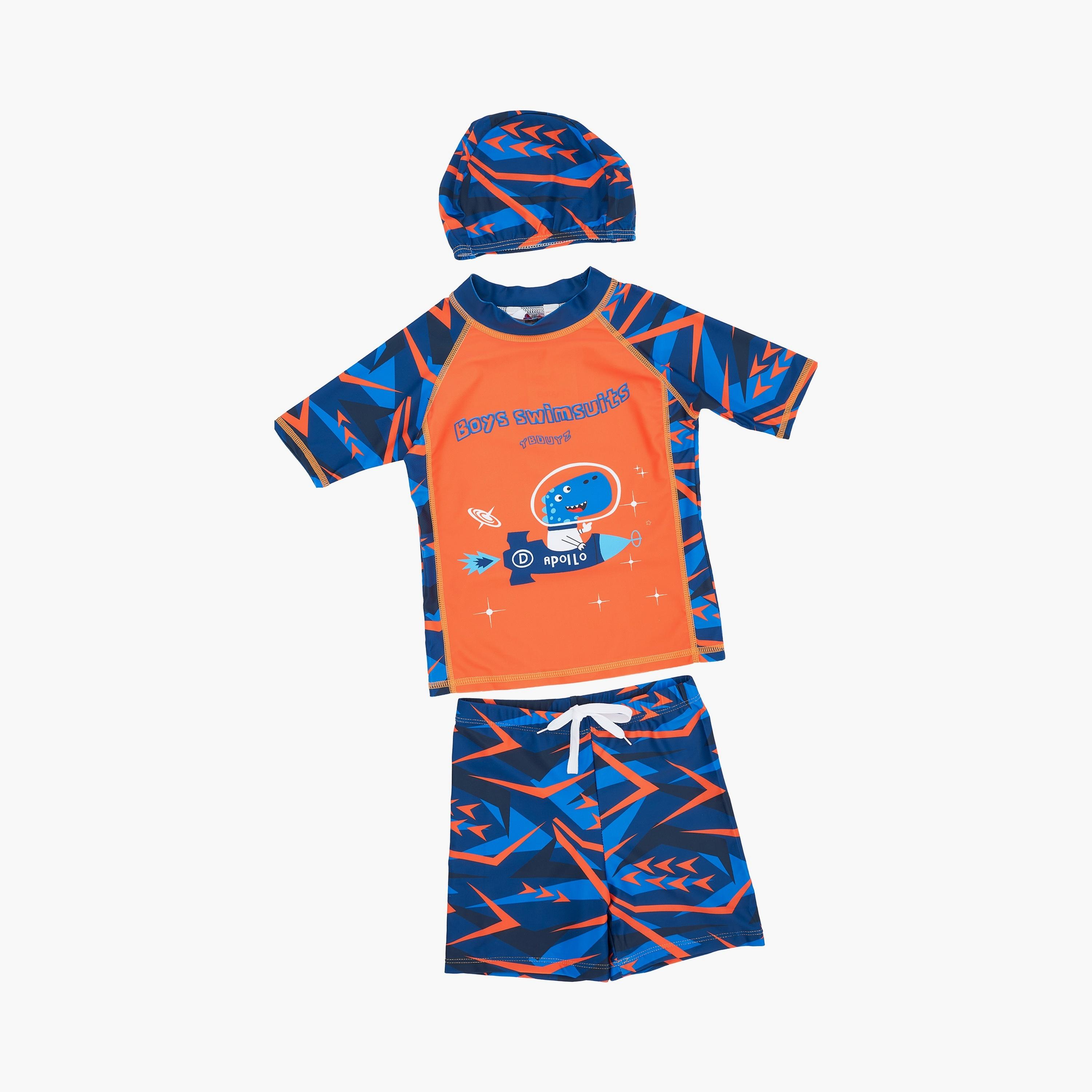 تي شيرت بأكمام قصيرة مطبوع عليه صورة ديناصور فضاء وشورت مع قبعة من بيبيكلو-boys-clothing-swimwear-image-6