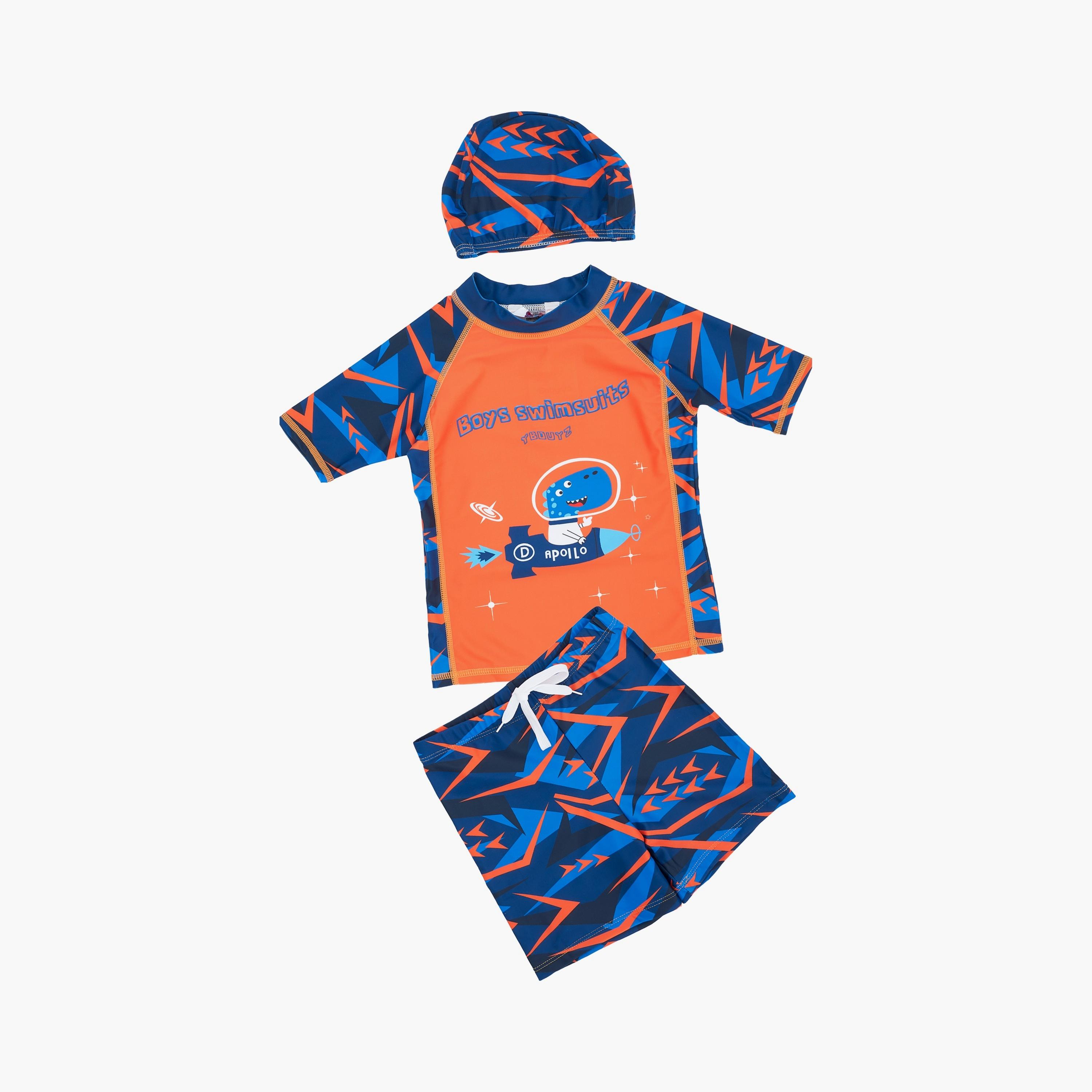 تي شيرت بأكمام قصيرة مطبوع عليه صورة ديناصور فضاء وشورت مع قبعة من بيبيكلو-boys-clothing-swimwear-image-1