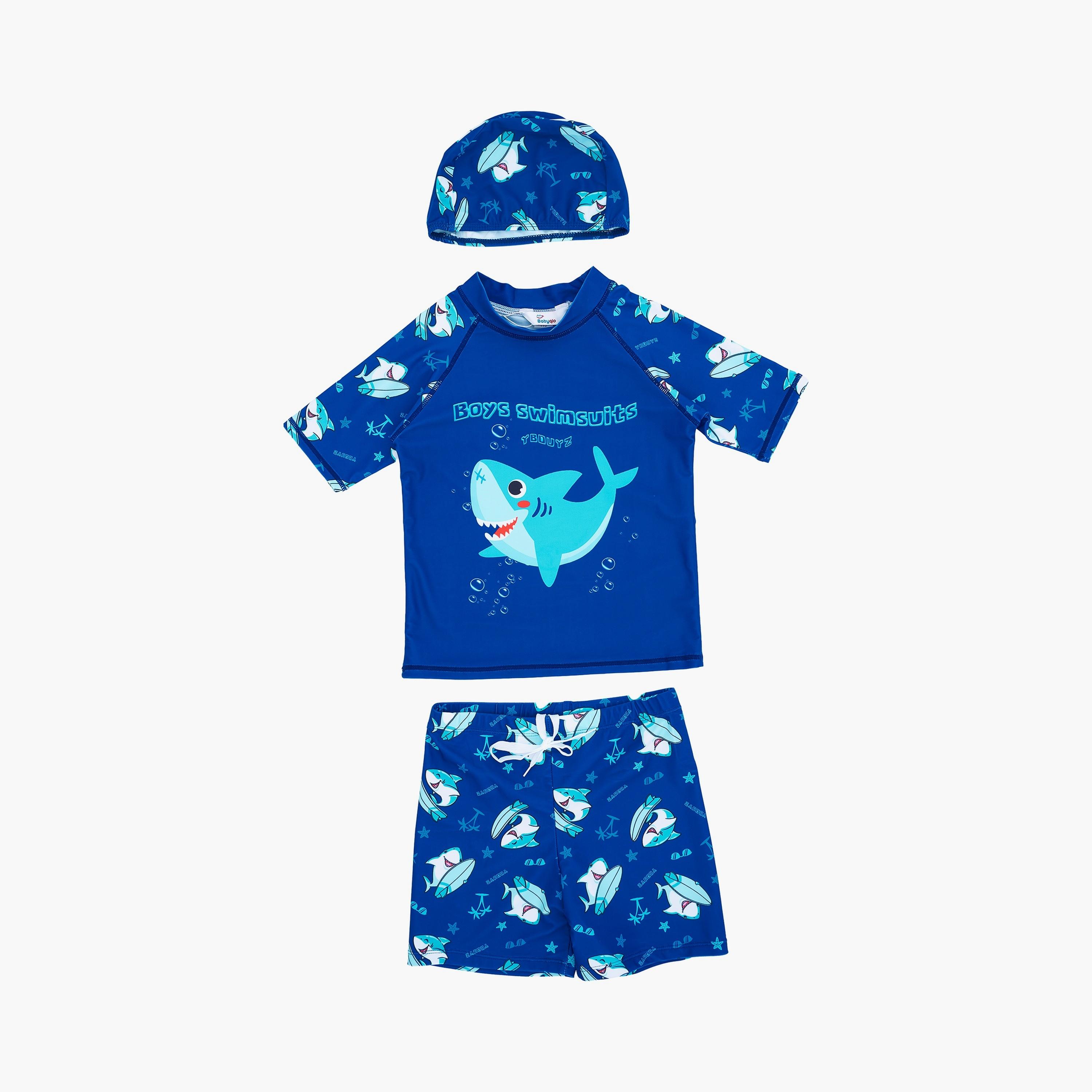 Babyqlo Shark Printed Short Sleeves T-Shirt, Short with Cap-boys-clothing-swimwear-image-1
