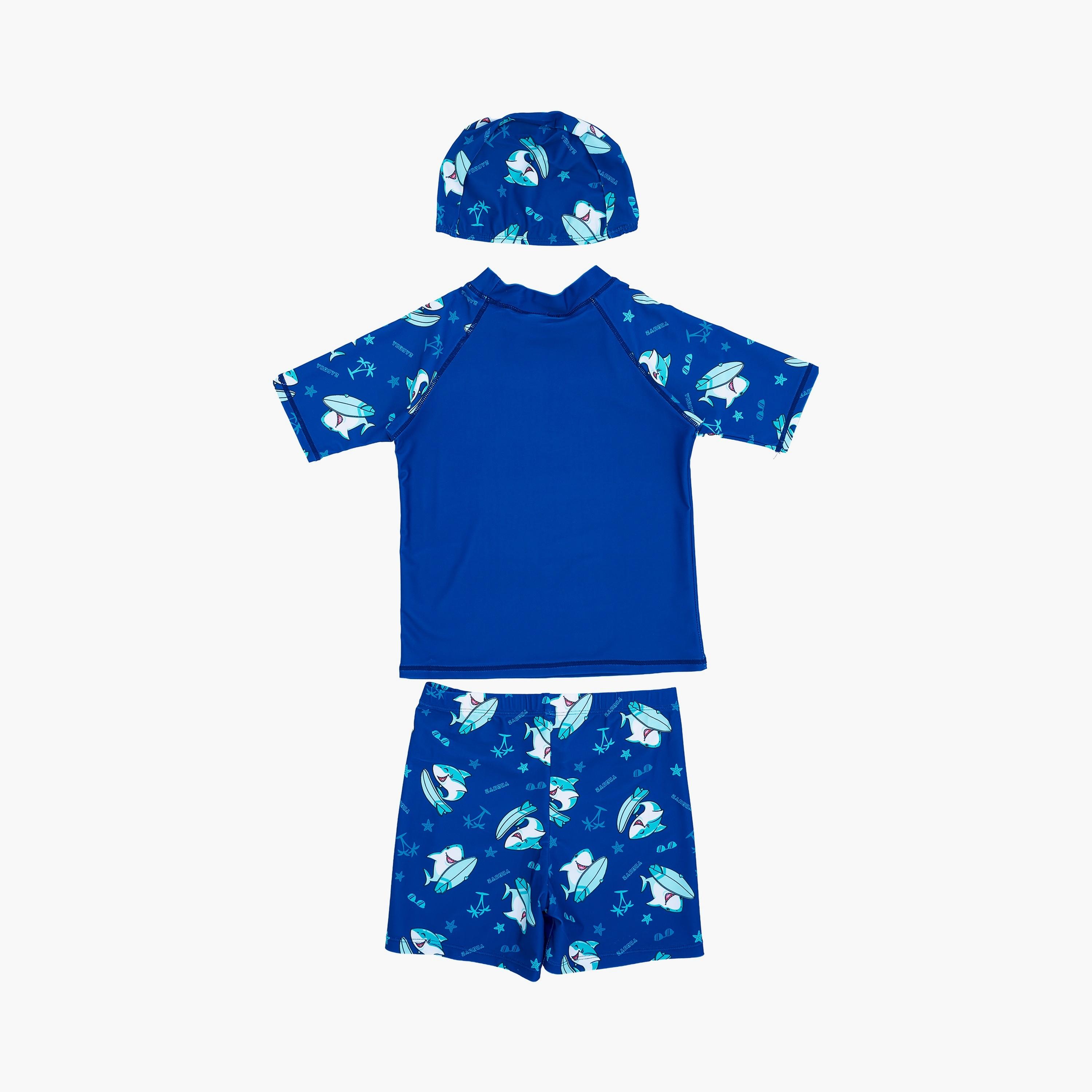 Babyqlo Shark Printed Short Sleeves T-Shirt, Short with Cap-boys-clothing-swimwear-image-2