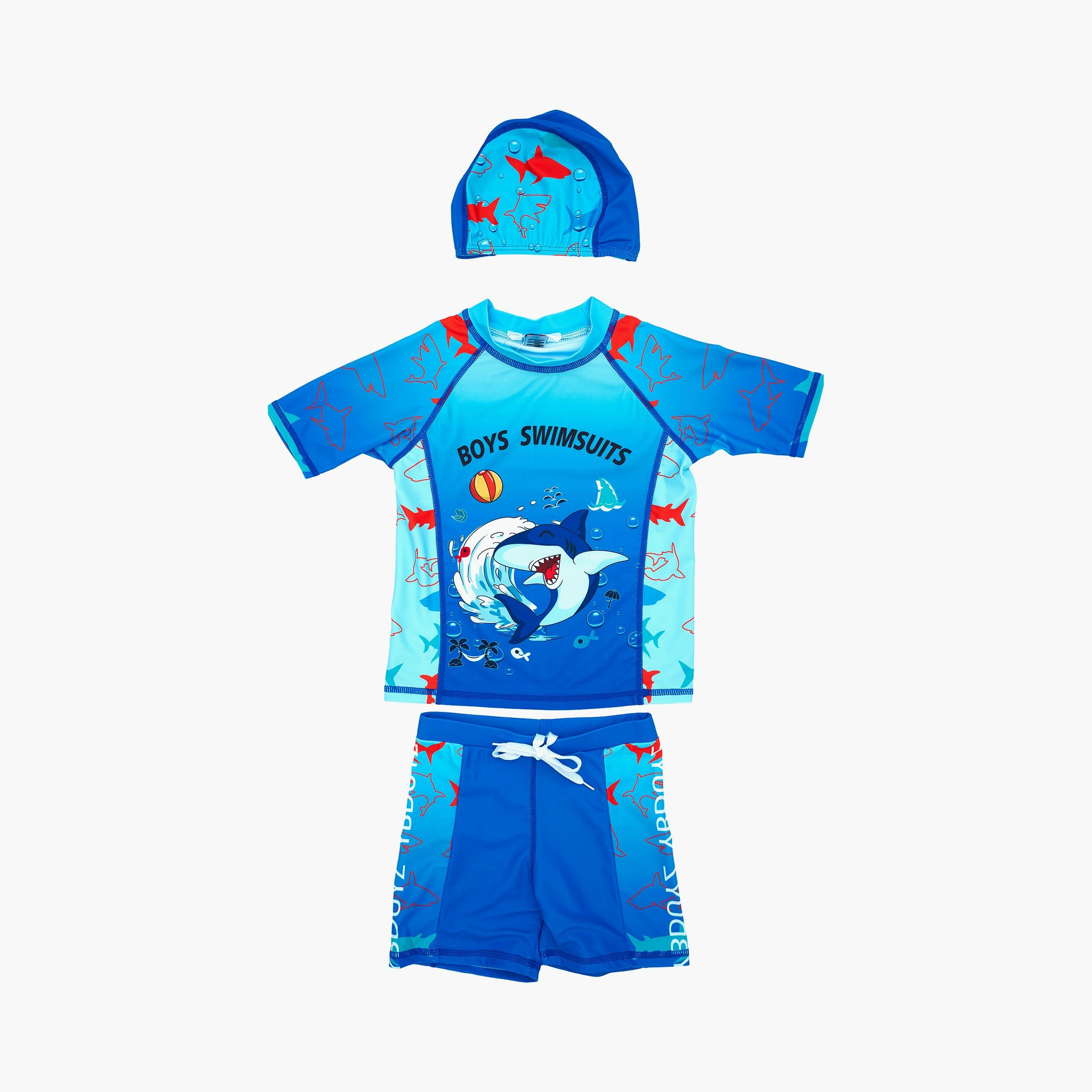 Babyqlo Shark Splash Printed Short Sleeves T-Shirt, Short with Cap-boys-clothing-swimwear-image-1