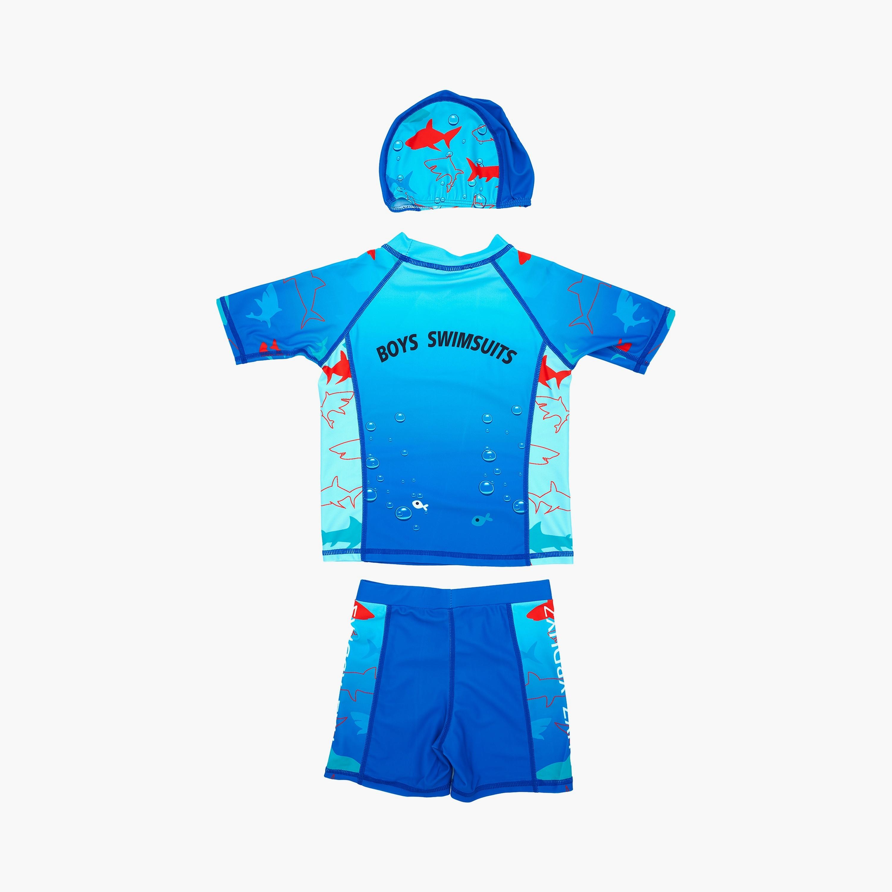 Babyqlo Shark Splash Printed Short Sleeves T-Shirt, Short with Cap-boys-clothing-swimwear-image-2