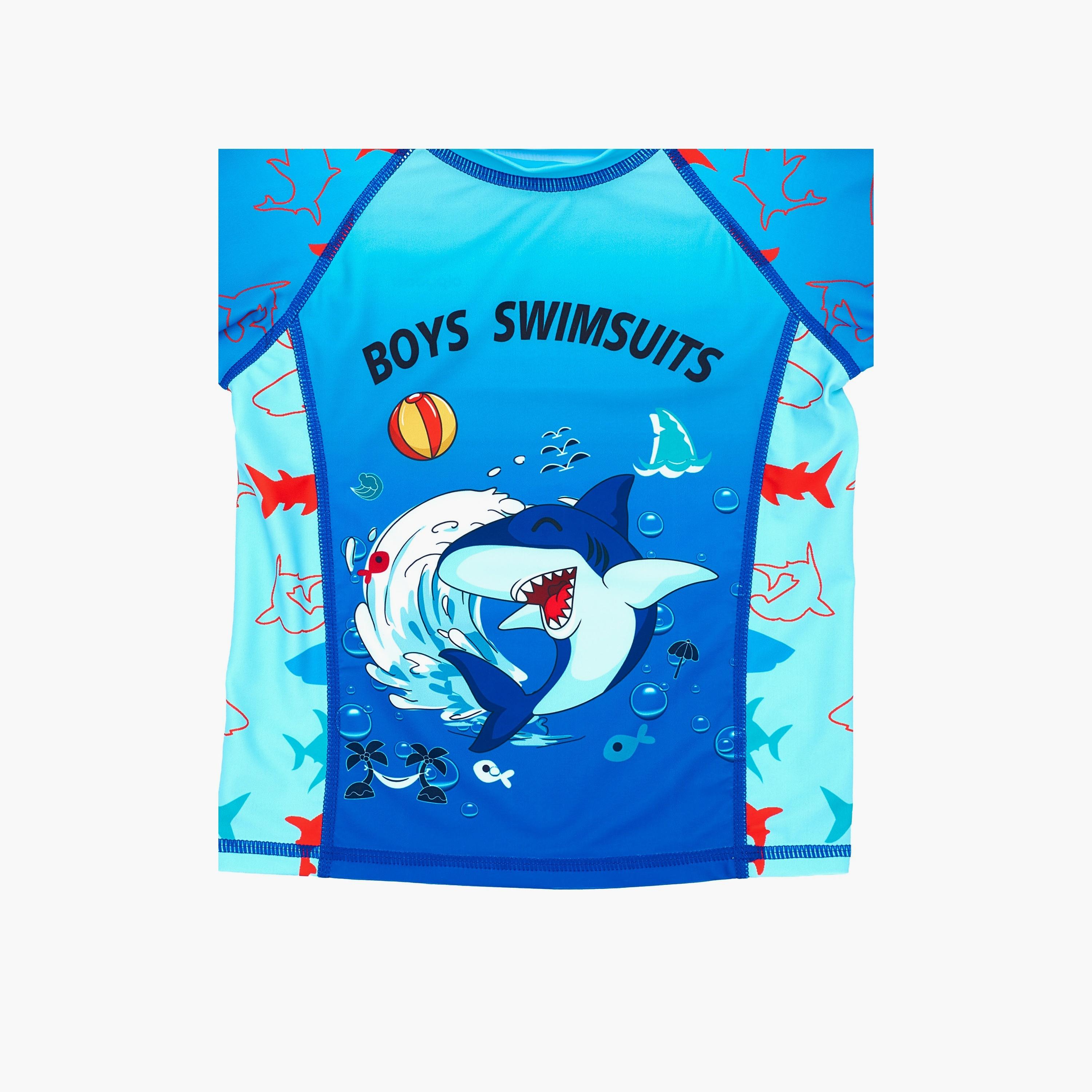 Babyqlo Shark Splash Printed Short Sleeves T-Shirt, Short with Cap-boys-clothing-swimwear-image-5