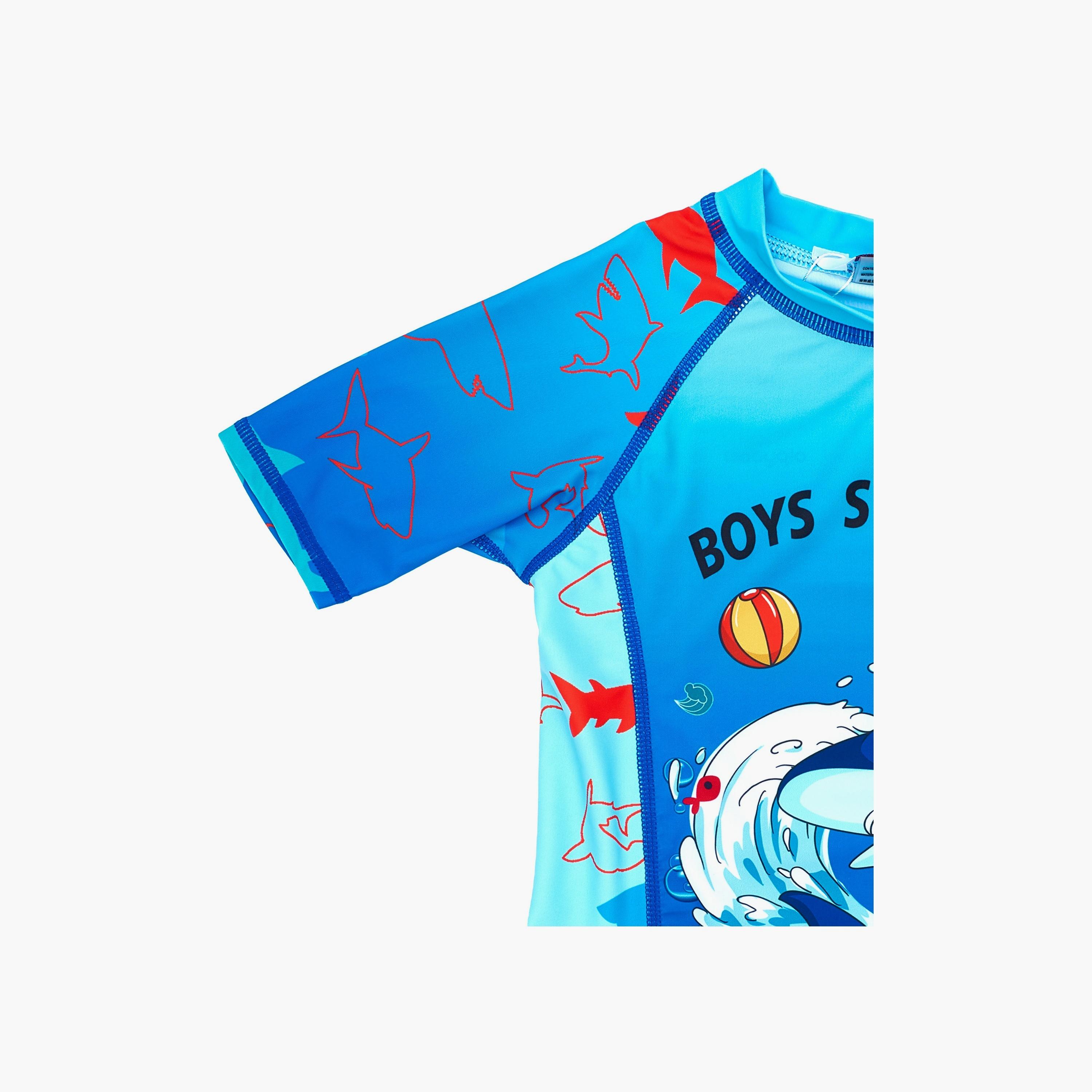 Babyqlo Shark Splash Printed Short Sleeves T-Shirt, Short with Cap-boys-clothing-swimwear-image-8