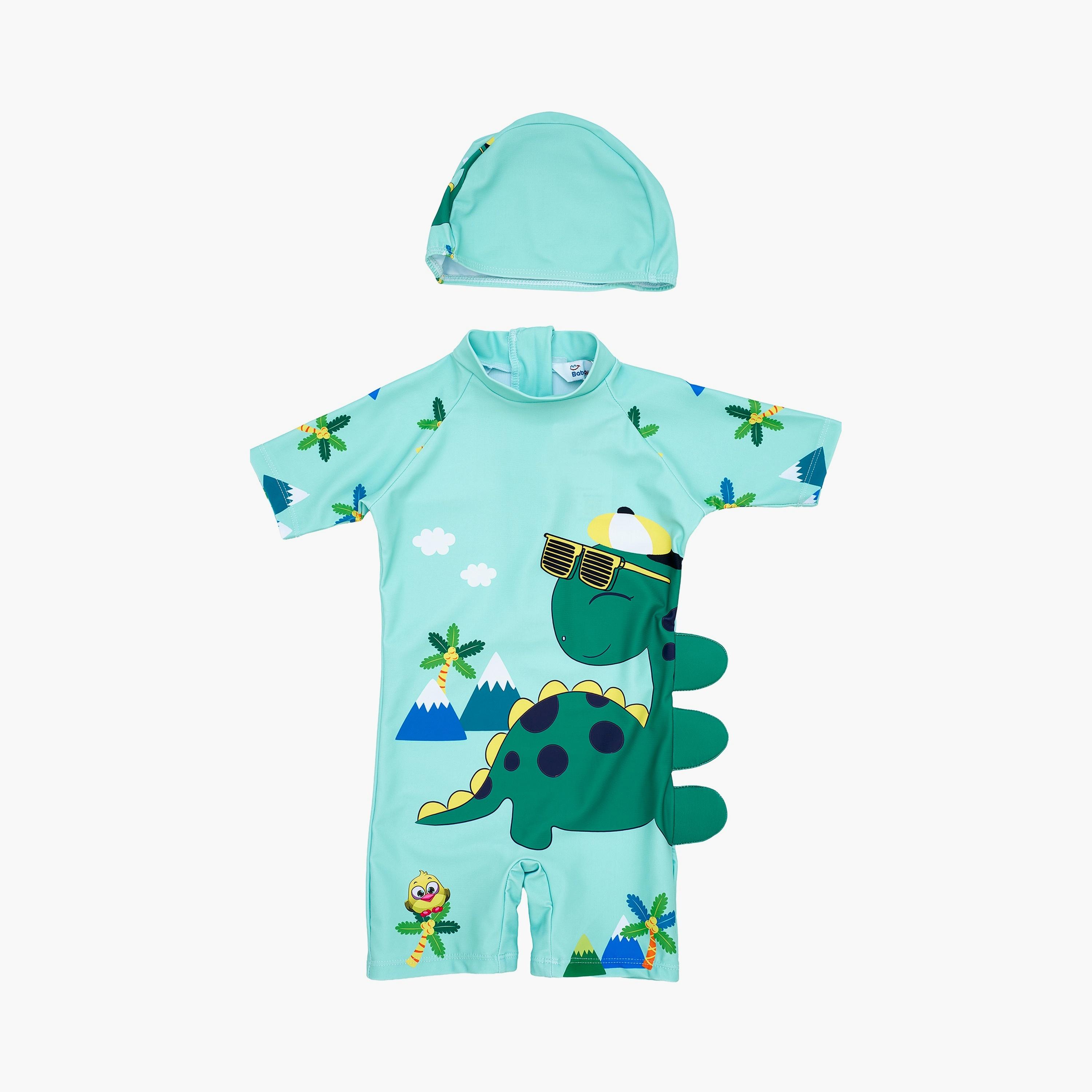 Babyqlo Dino Printed Short Sleeves Swimsuit with Cap-boys-clothing-swimwear-image-1
