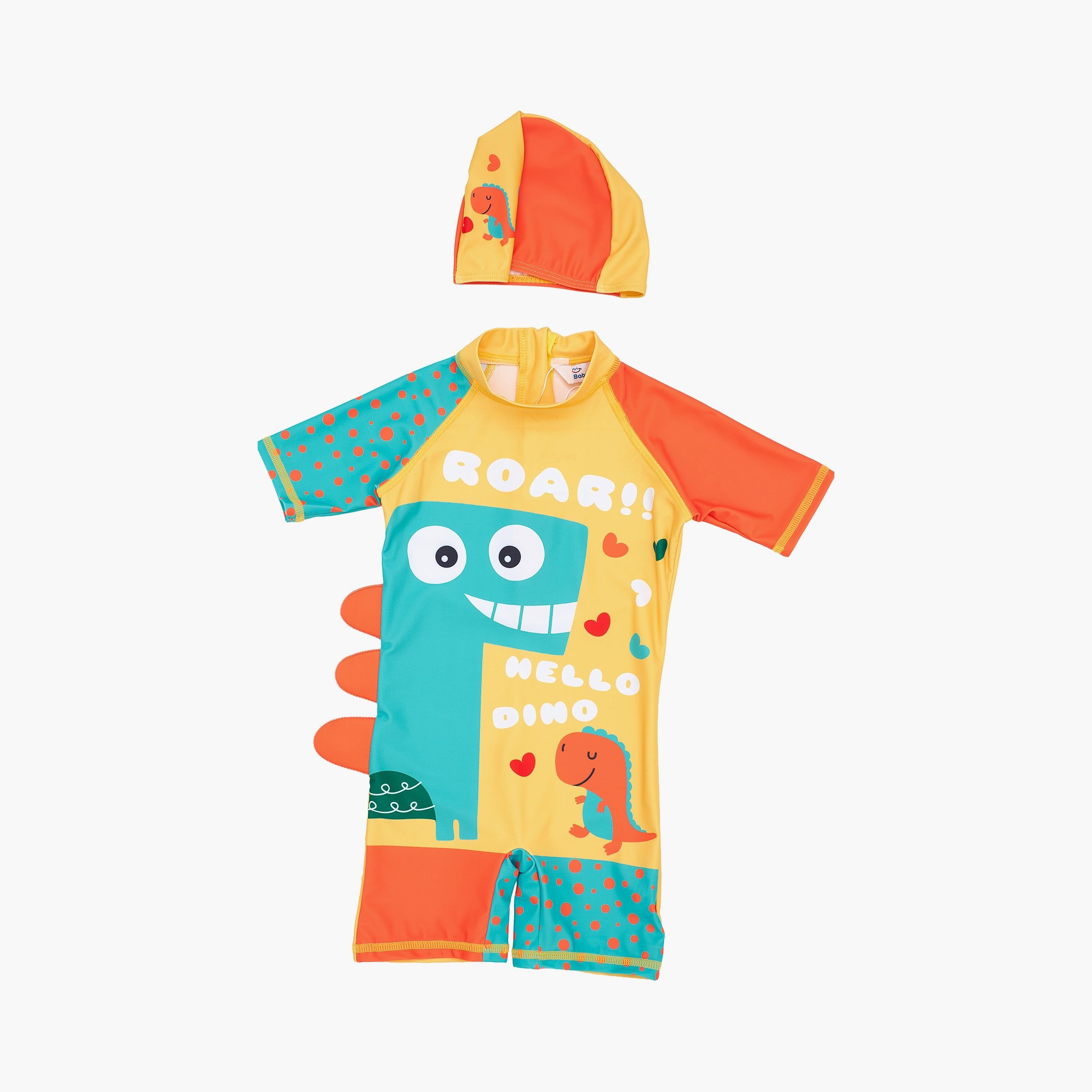 Babyqlo Hello Dino Printed Short Sleeves Swimsuit with Cap-boys-clothing-swimwear-image-1
