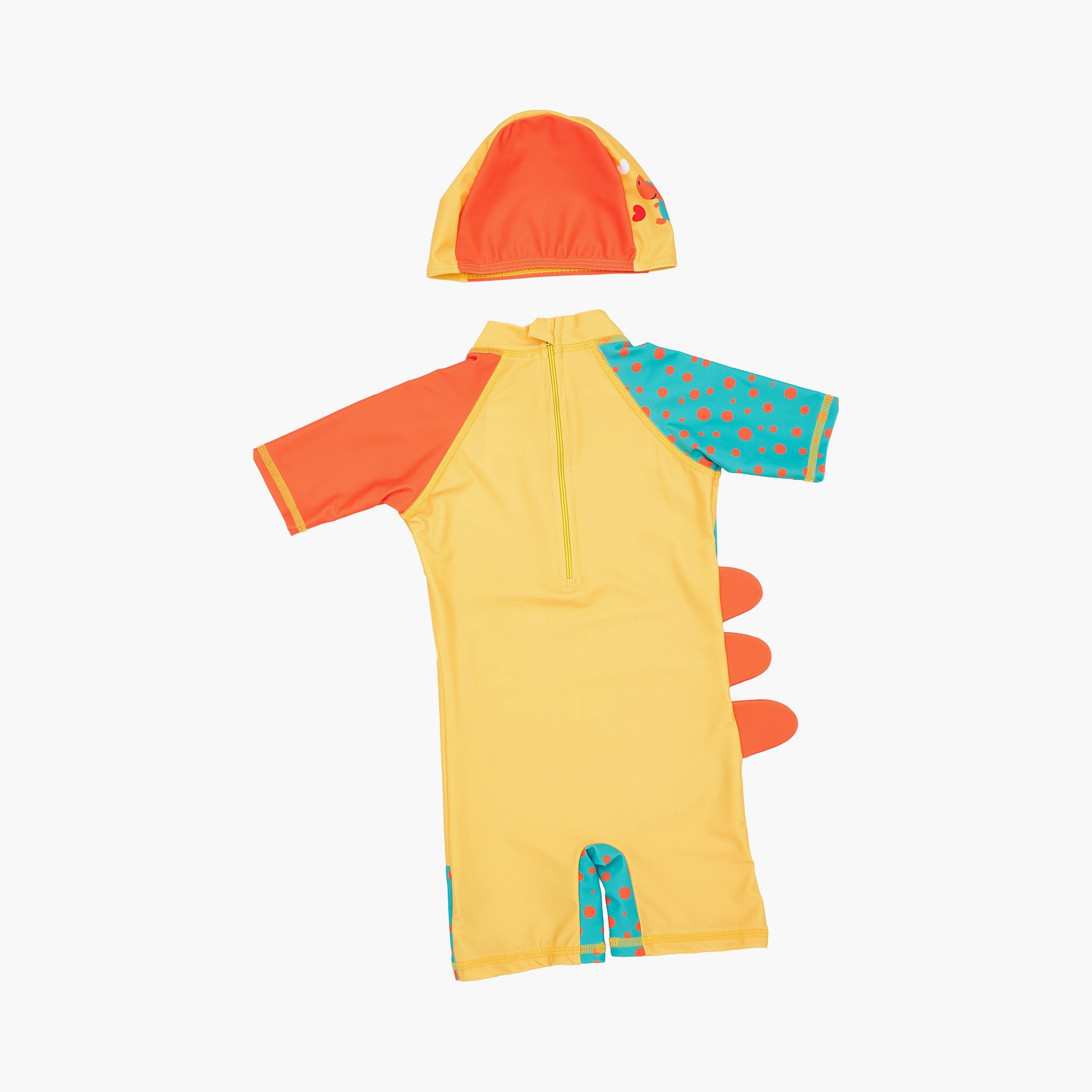 Babyqlo Hello Dino Printed Short Sleeves Swimsuit with Cap-boys-clothing-swimwear-image-2