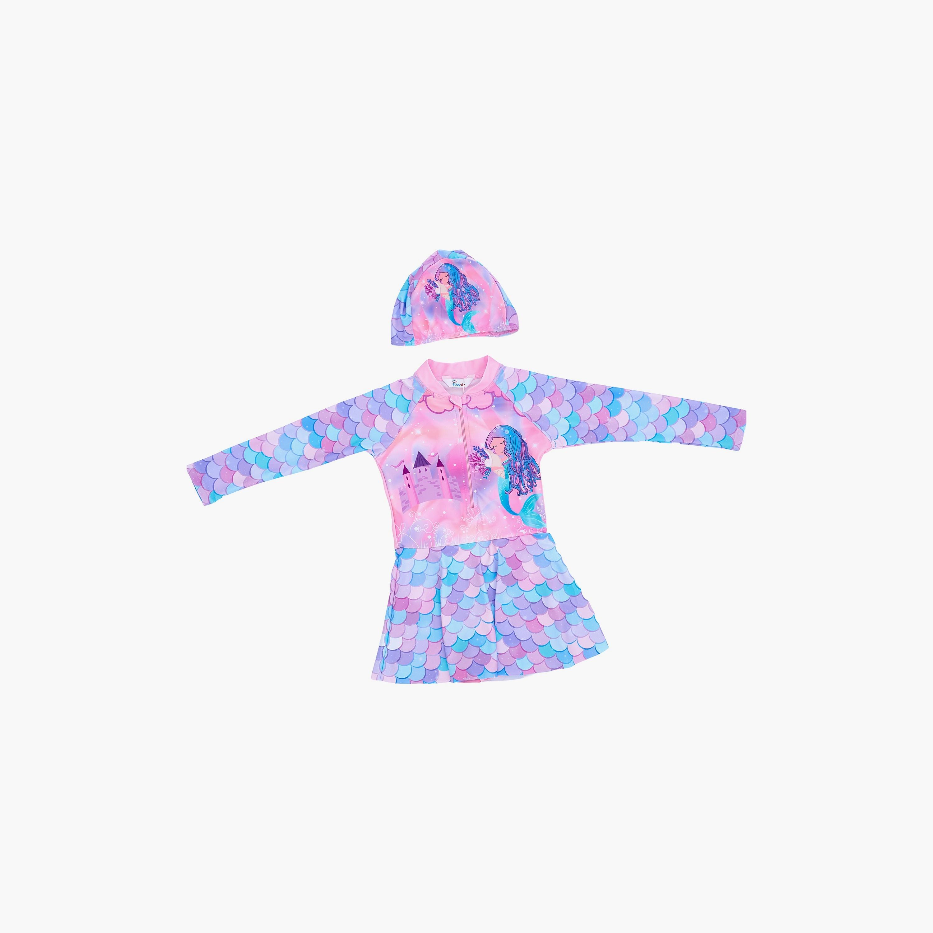 Babyqlo Mermaid Printed Long Sleeves Swim Dress with Cap-girls-clothing-swimwear-image-1