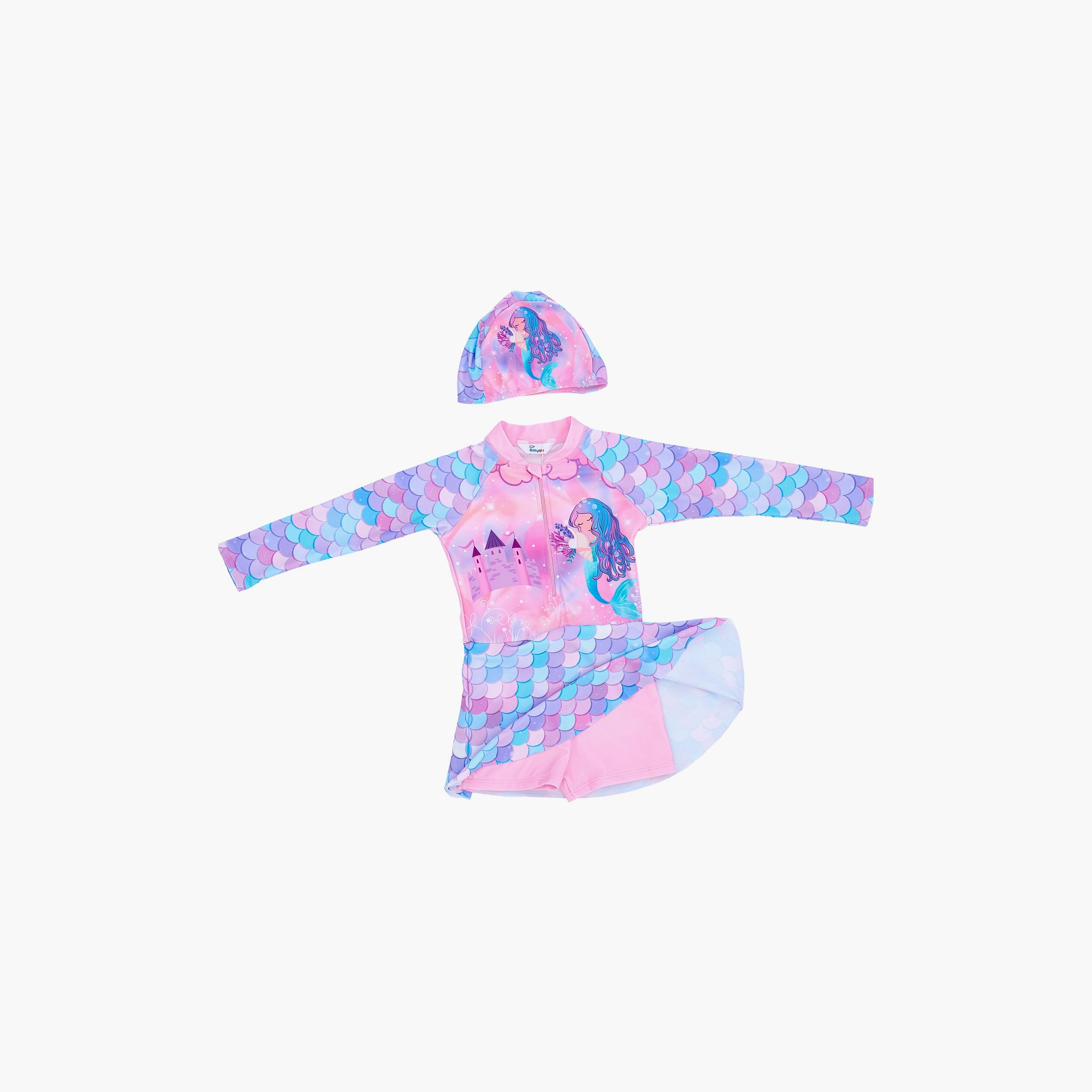 Babyqlo Mermaid Printed Long Sleeves Swim Dress with Cap-girls-clothing-swimwear-image-2
