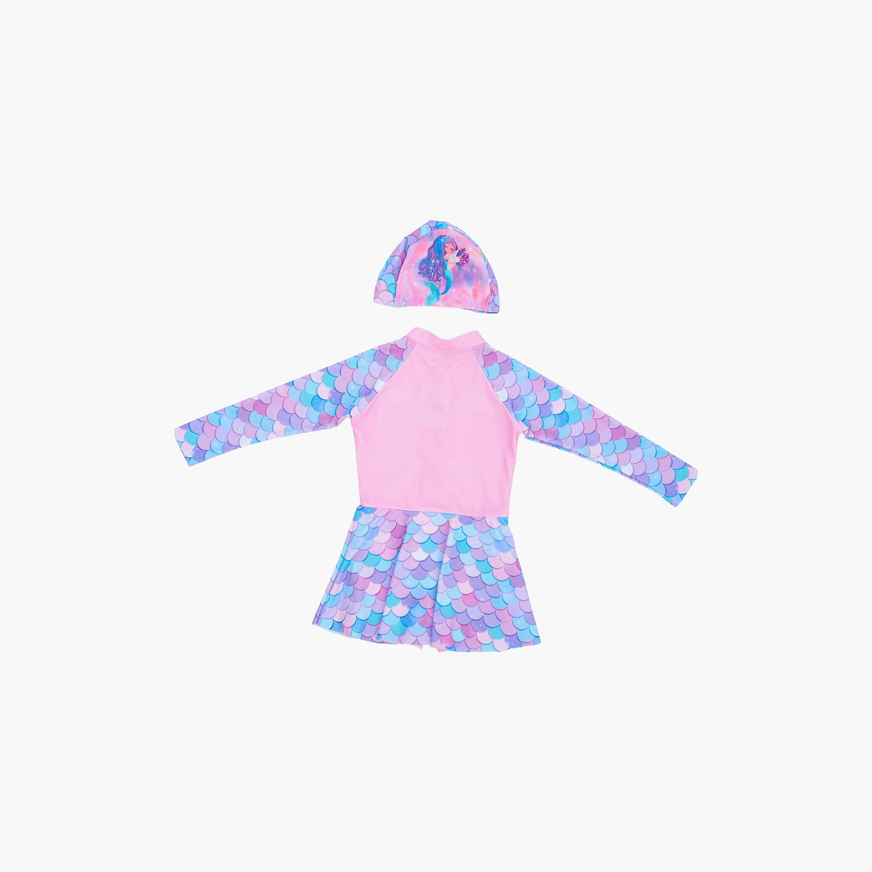 Babyqlo Mermaid Printed Long Sleeves Swim Dress with Cap-girls-clothing-swimwear-image-3