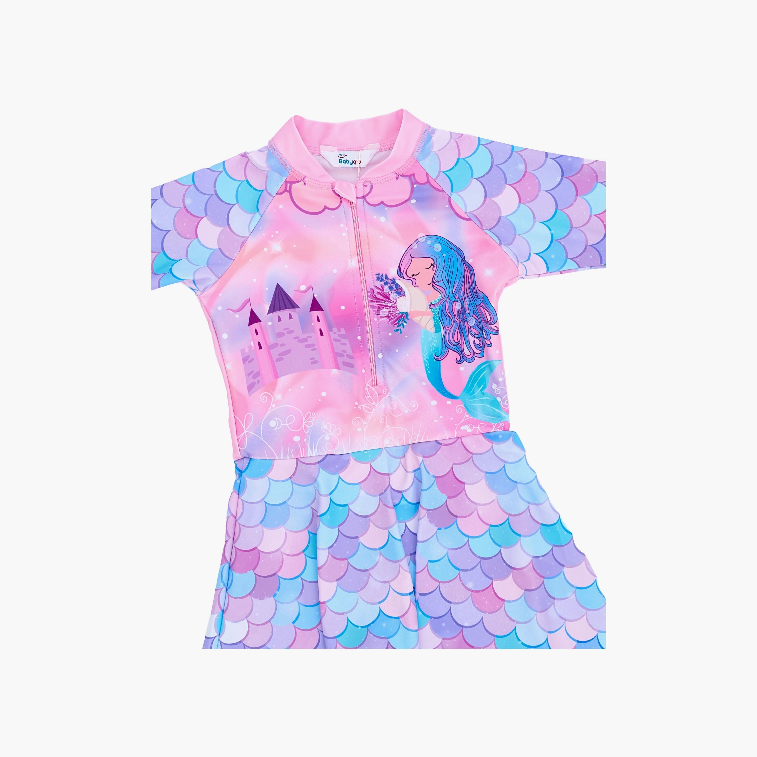 Babyqlo Mermaid Printed Long Sleeves Swim Dress with Cap-girls-clothing-swimwear-image-4