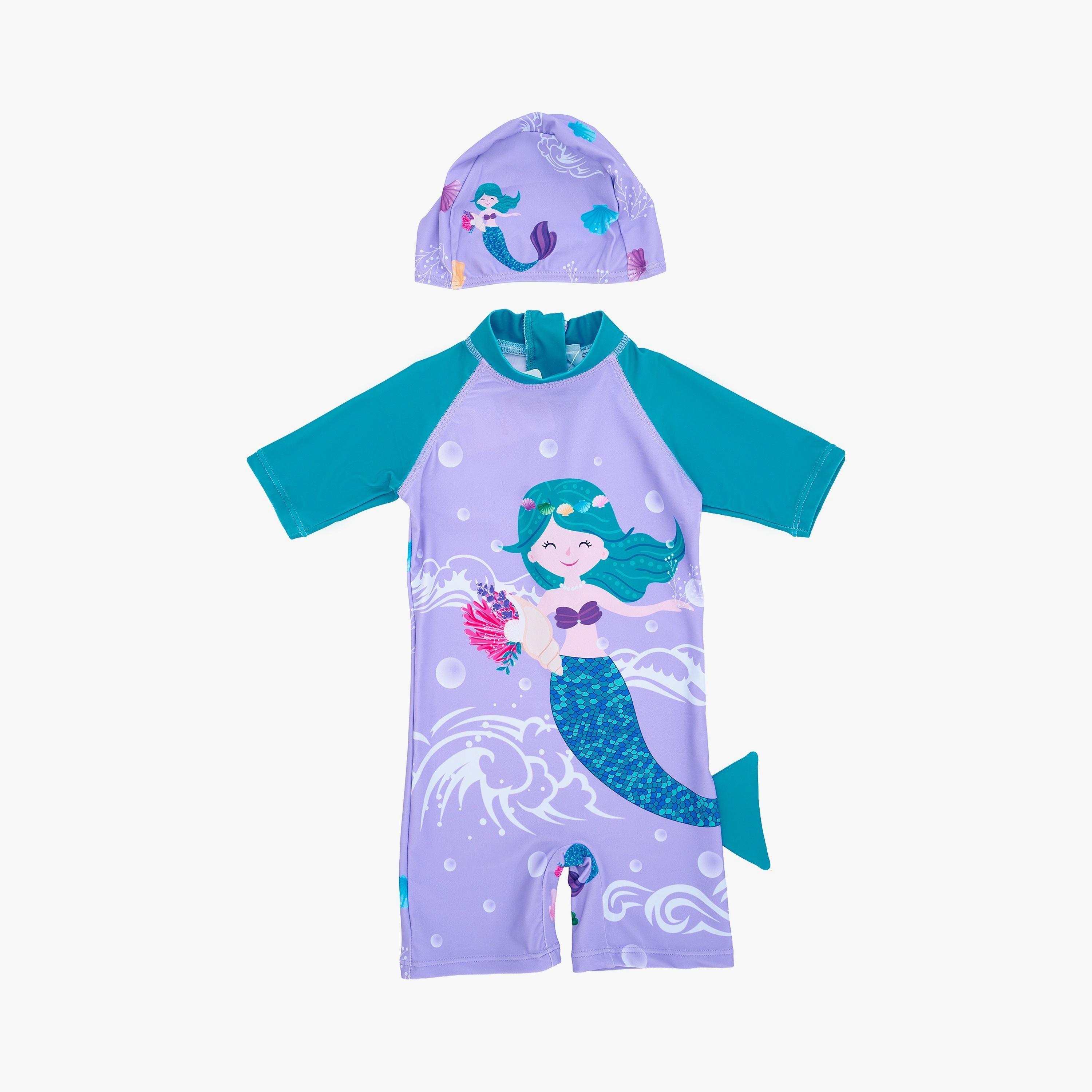 Babyqlo Mermaid Printed Short Sleeves Swimsuit with Cap-girls-clothing-swimwear-image-1