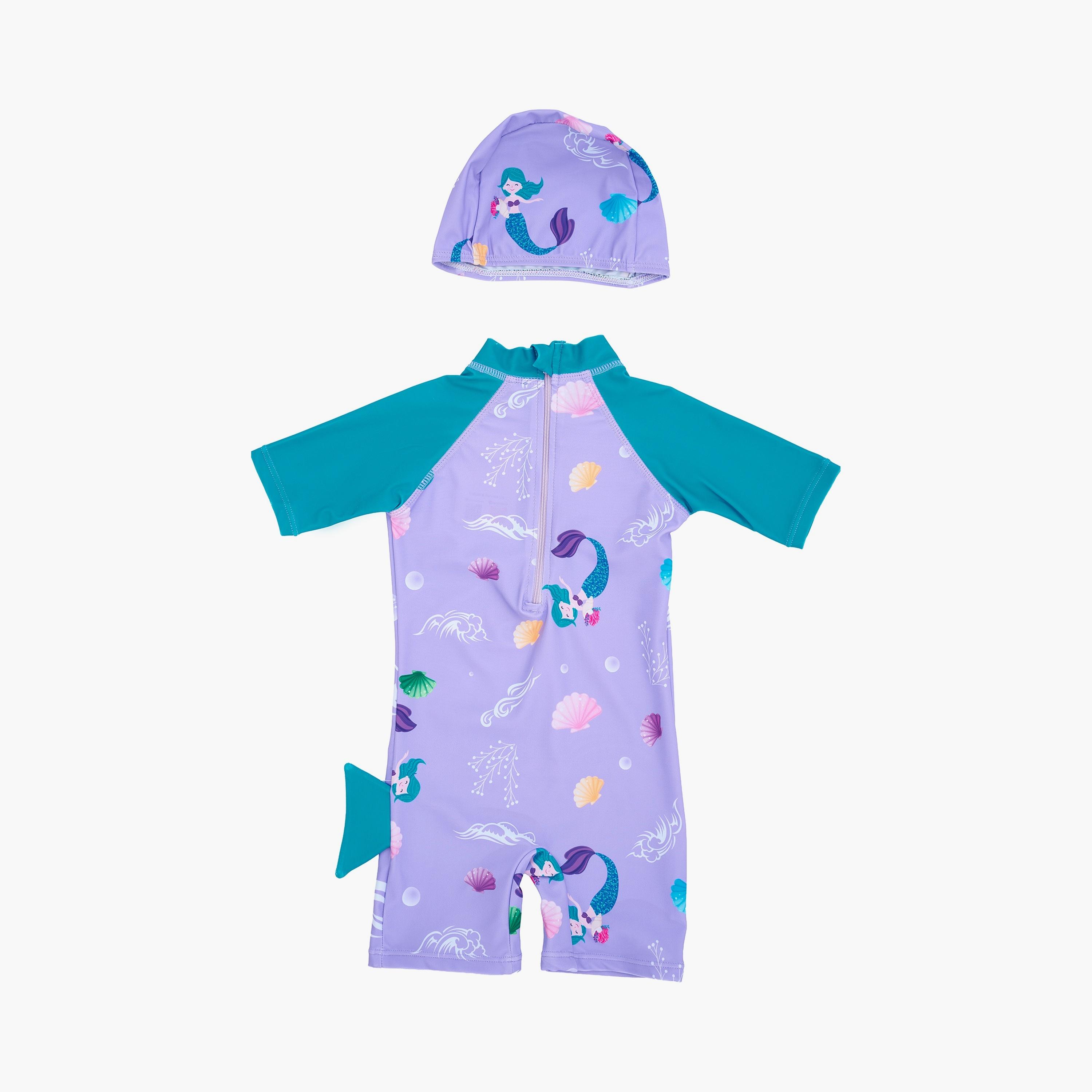 Babyqlo Mermaid Printed Short Sleeves Swimsuit with Cap-girls-clothing-swimwear-image-2