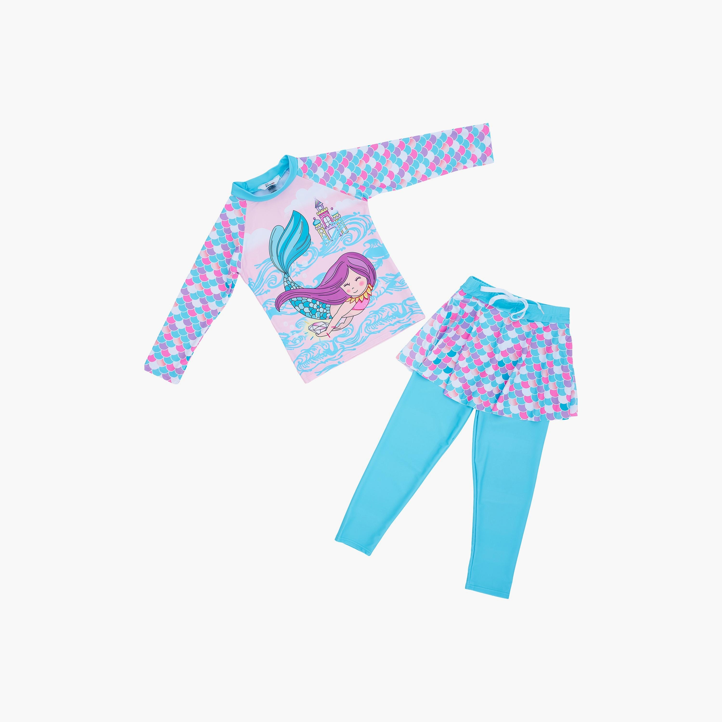 Babyqlo Mermaid Printed Long Sleeves T-Shirt with Leggings-girls-clothing-swimwear-image-1