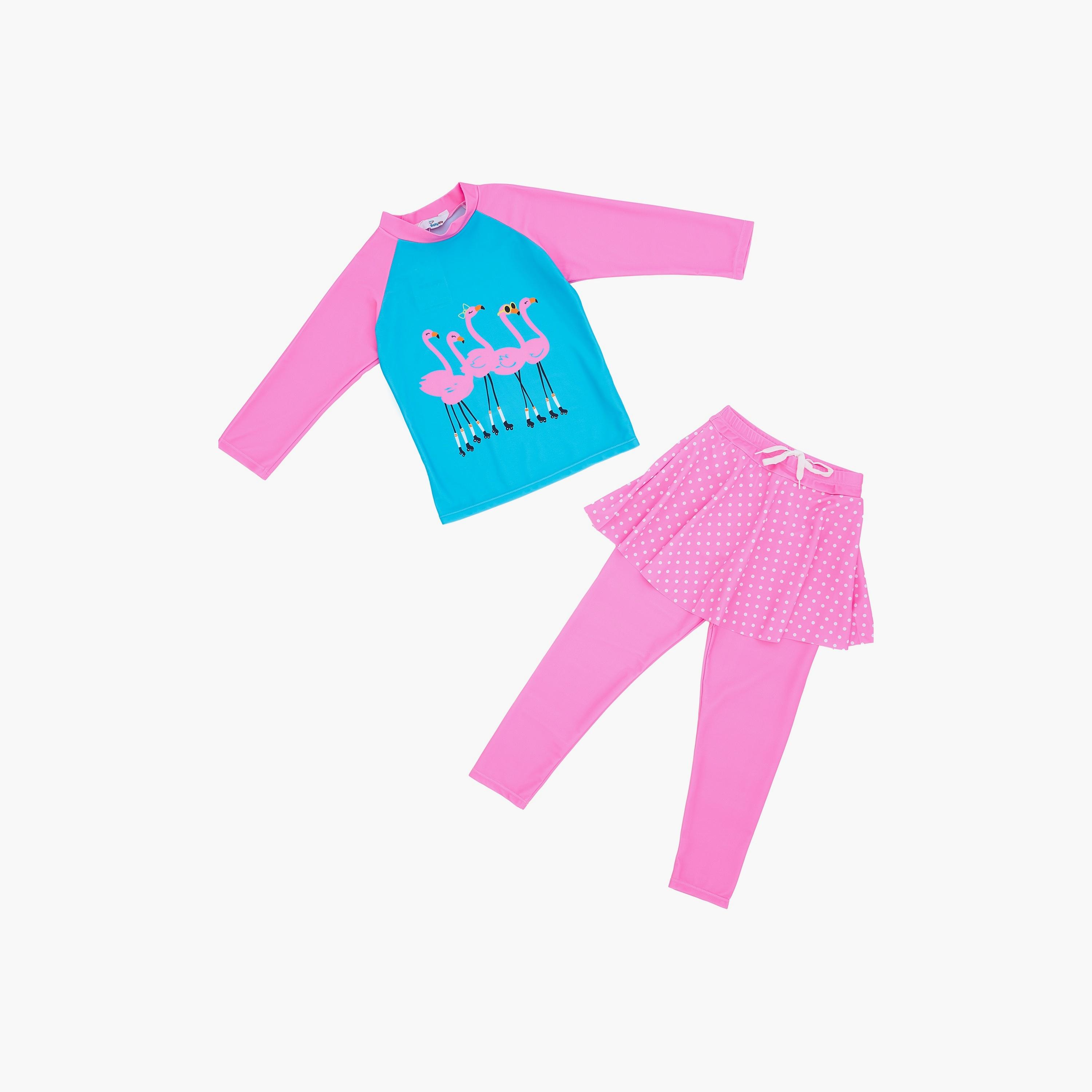 تي شيرت بأكمام طويلة مطبوع عليه نقشة طائر الفلامنغو مع بنطال ضيق من بيبيكلو-girls-clothing-swimwear-image-1