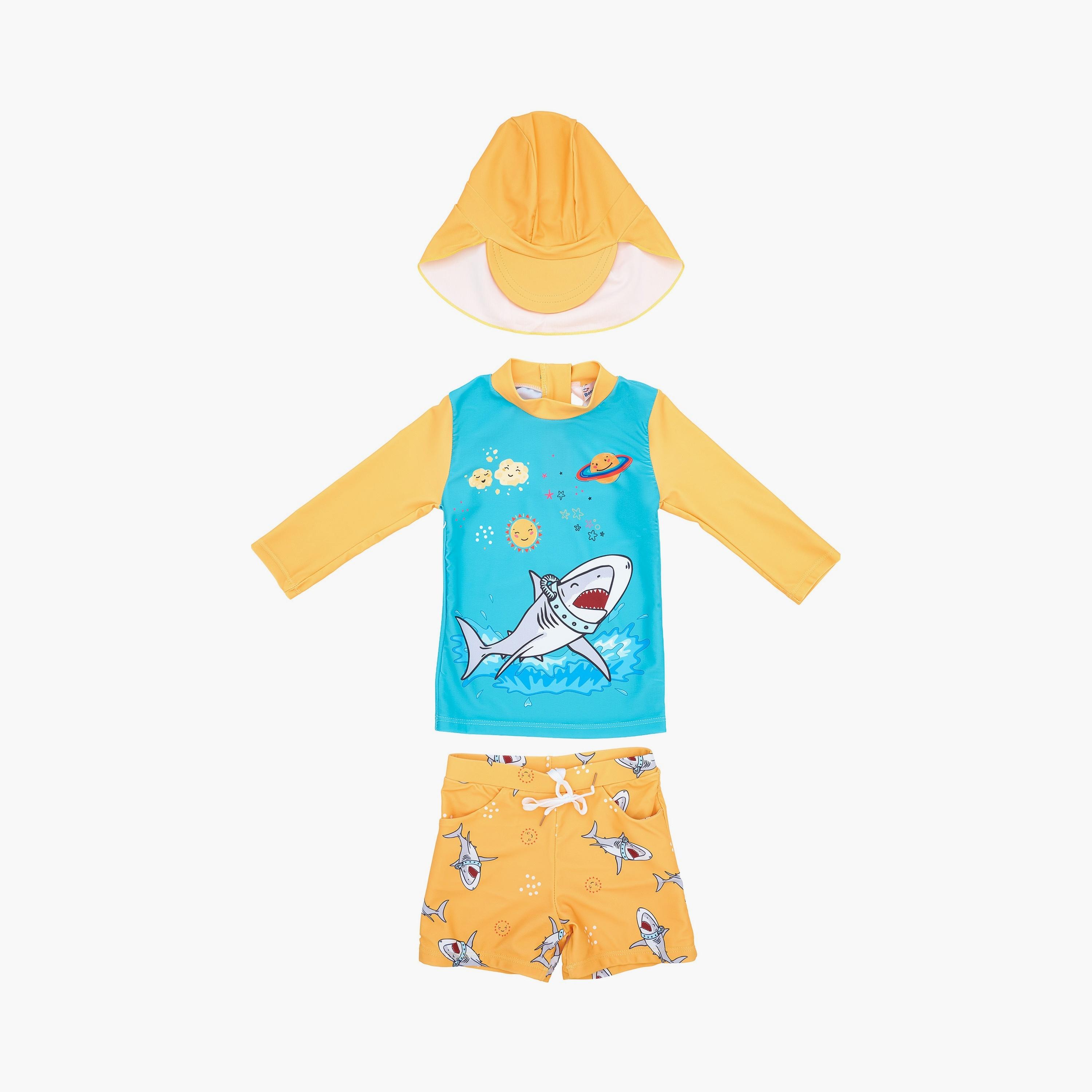 Babyqlo Shark Printed Long Sleeves T-Shirt, Short with Cap-boys-clothing-swimwear-image-1