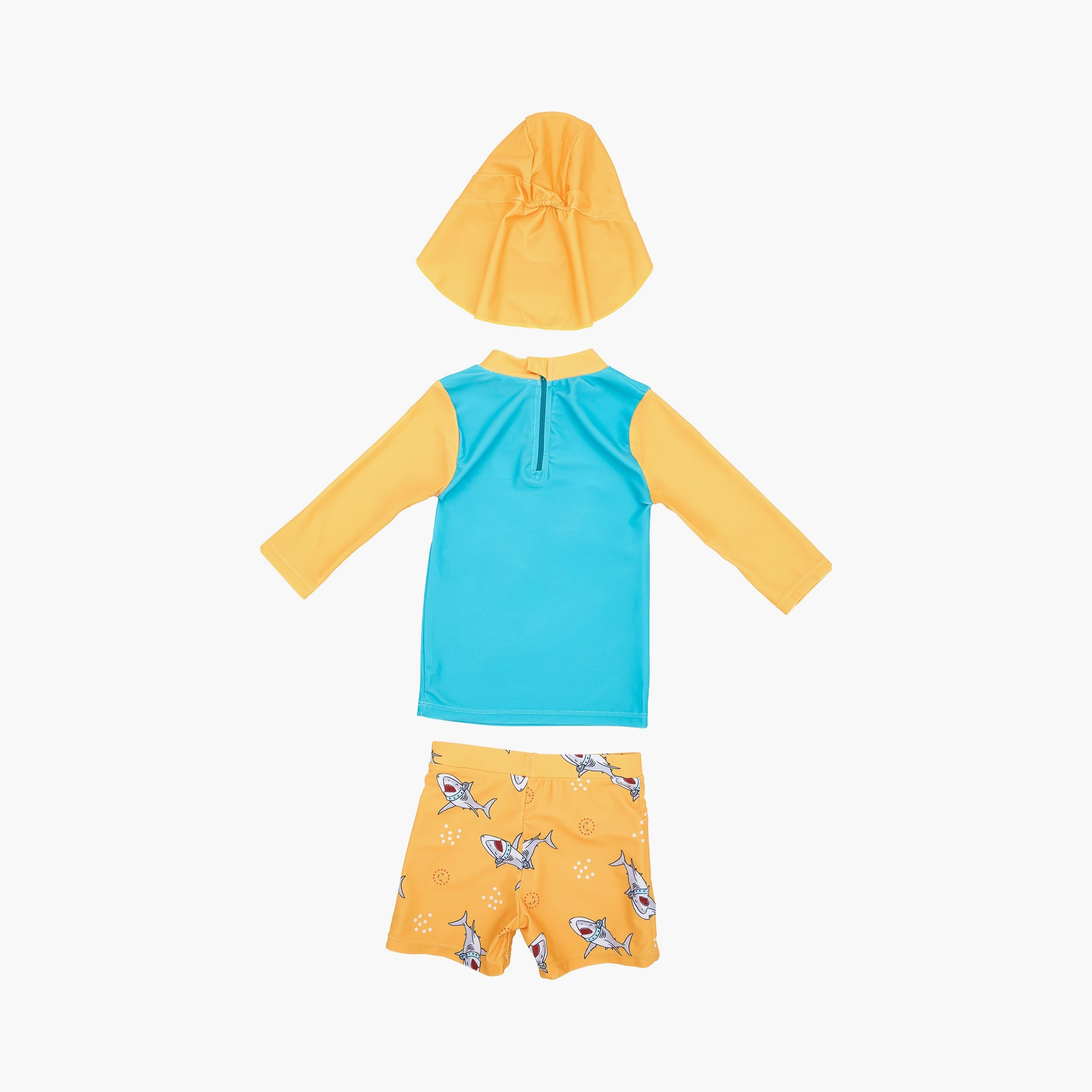Babyqlo Shark Printed Long Sleeves T-Shirt, Short with Cap-boys-clothing-swimwear-image-2