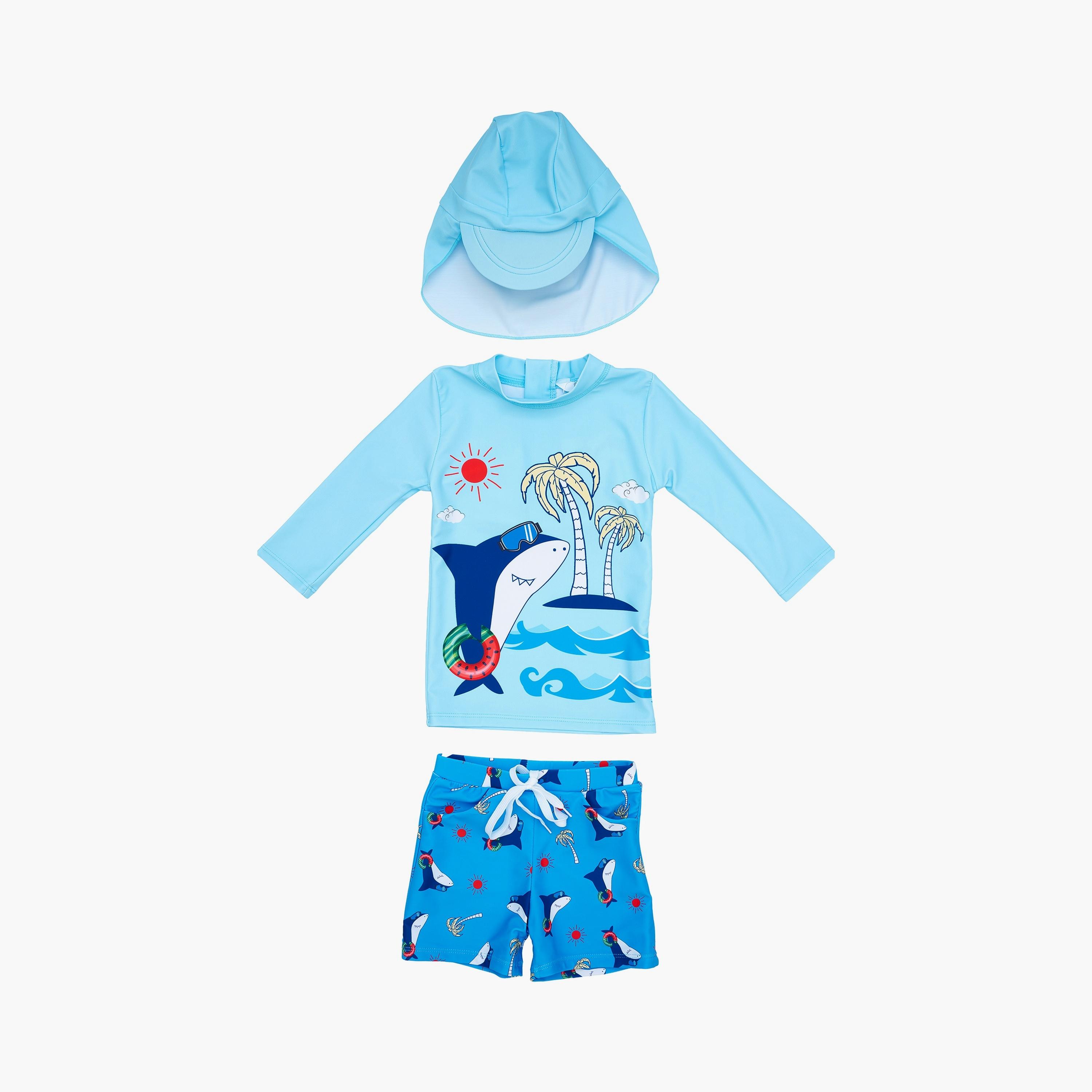 Babyqlo Beach Shark Printed Long Sleeves T-Shirt, Short with Cap-boys-clothing-swimwear-image-1