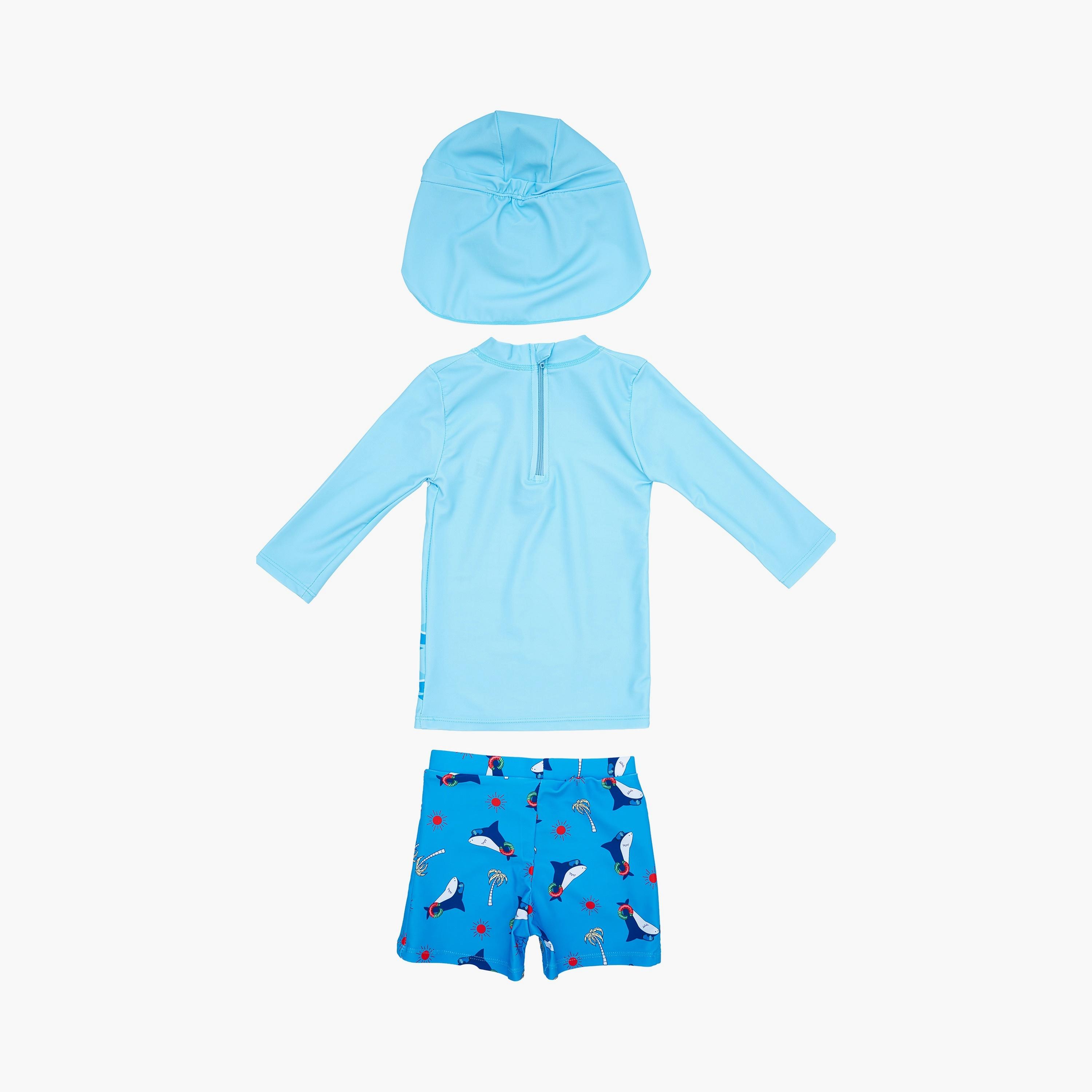 Babyqlo Beach Shark Printed Long Sleeves T-Shirt, Short with Cap-boys-clothing-swimwear-image-2