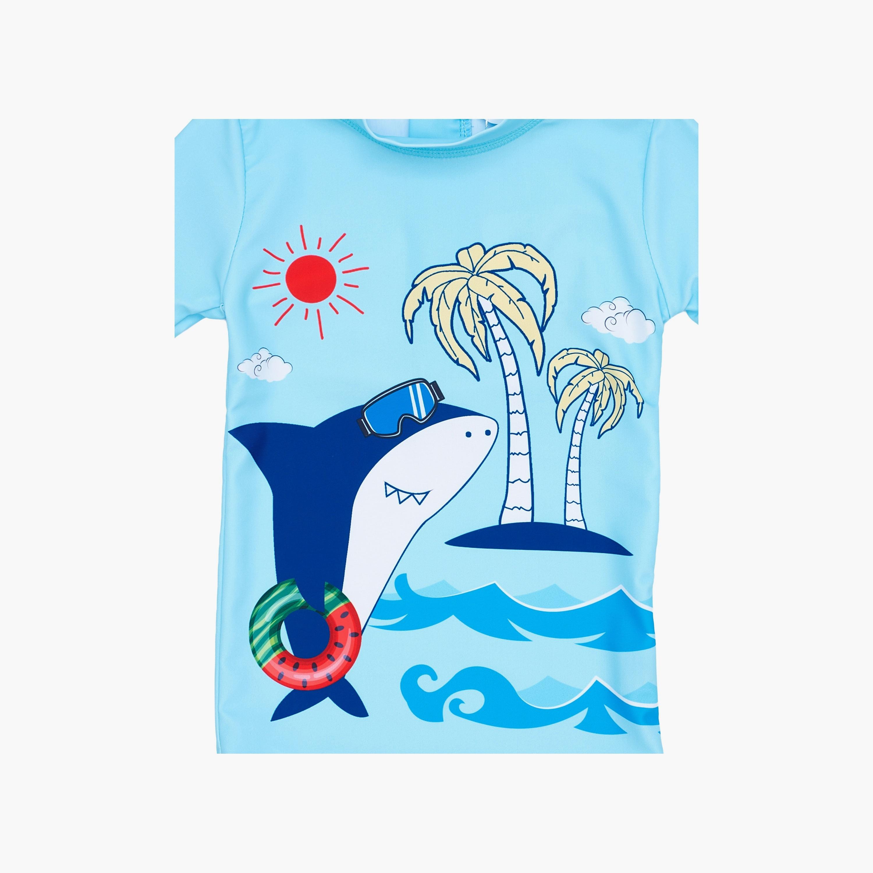 Babyqlo Beach Shark Printed Long Sleeves T-Shirt, Short with Cap-boys-clothing-swimwear-image-4
