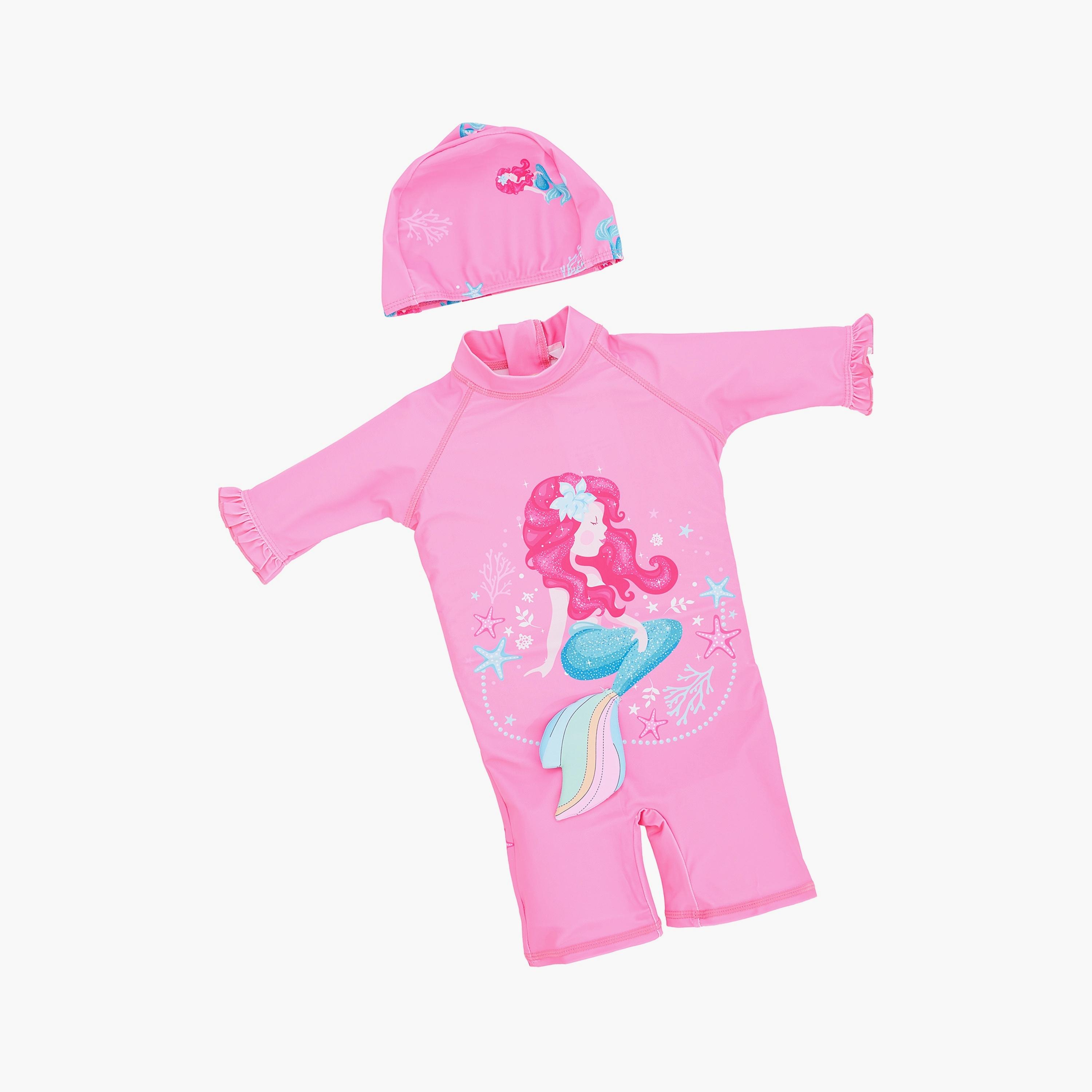 Babyqlo Mermaid Printed Short Sleeves Swimsuit with Cap-girls-clothing-swimwear-image-1