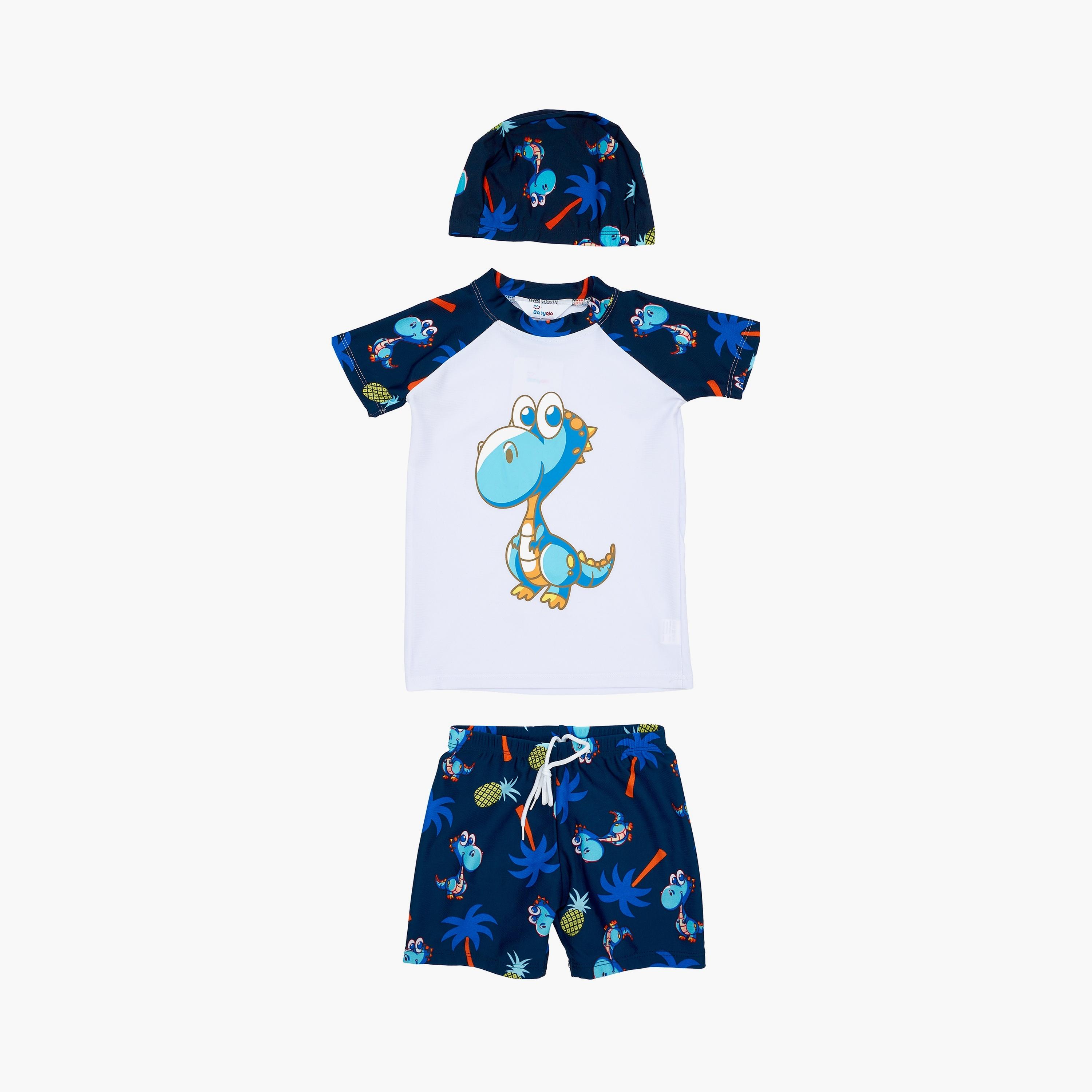 تي شيرت بأكمام قصيرة مطبوع عليه صورة ديناصور وشورت مع قبعة من بيبيكلو-boys-clothing-swimwear-image-1
