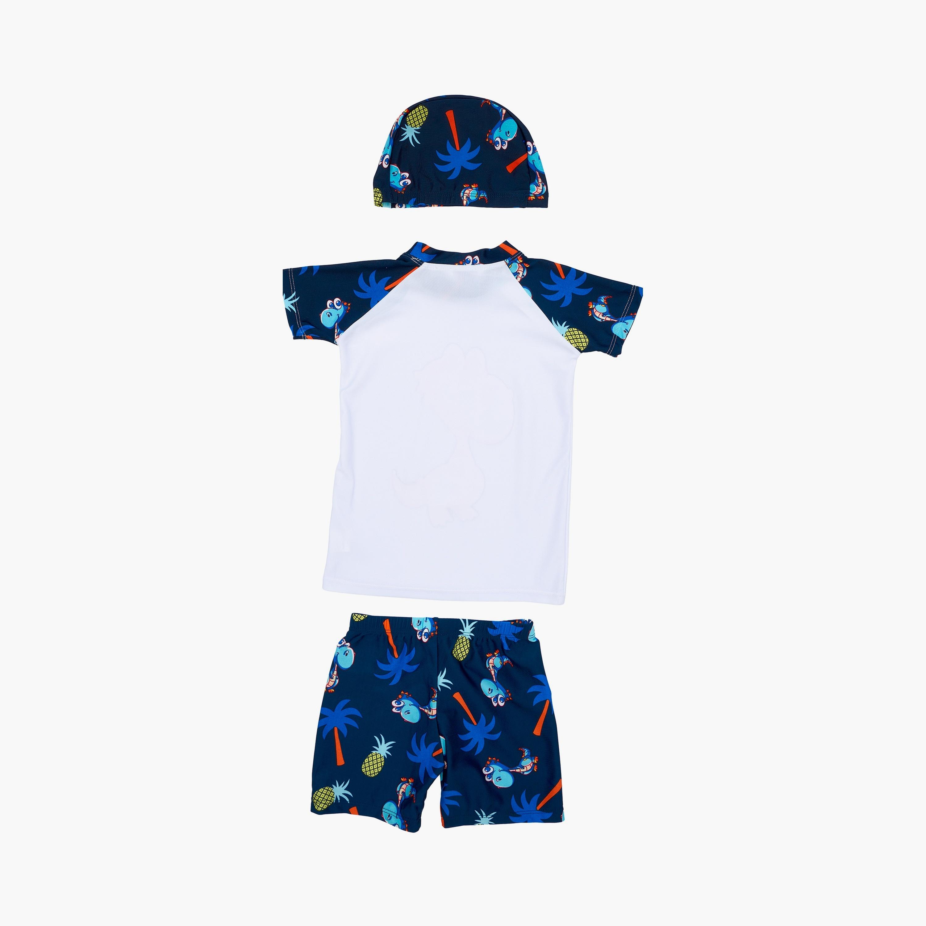 تي شيرت بأكمام قصيرة مطبوع عليه صورة ديناصور وشورت مع قبعة من بيبيكلو-boys-clothing-swimwear-image-2