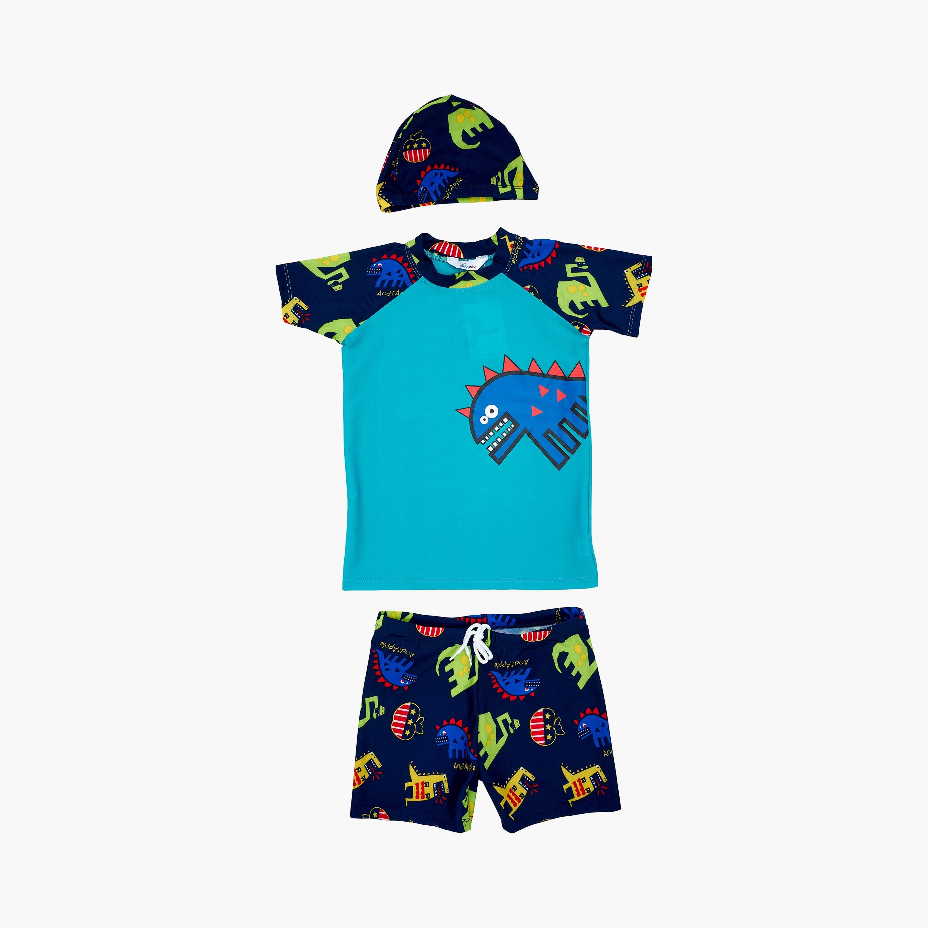 تي شيرت بأكمام قصيرة مطبوع عليه صورة ديناصور الوحش وشورت مع قبعة من بيبيكلو-boys-clothing-swimwear-image-6