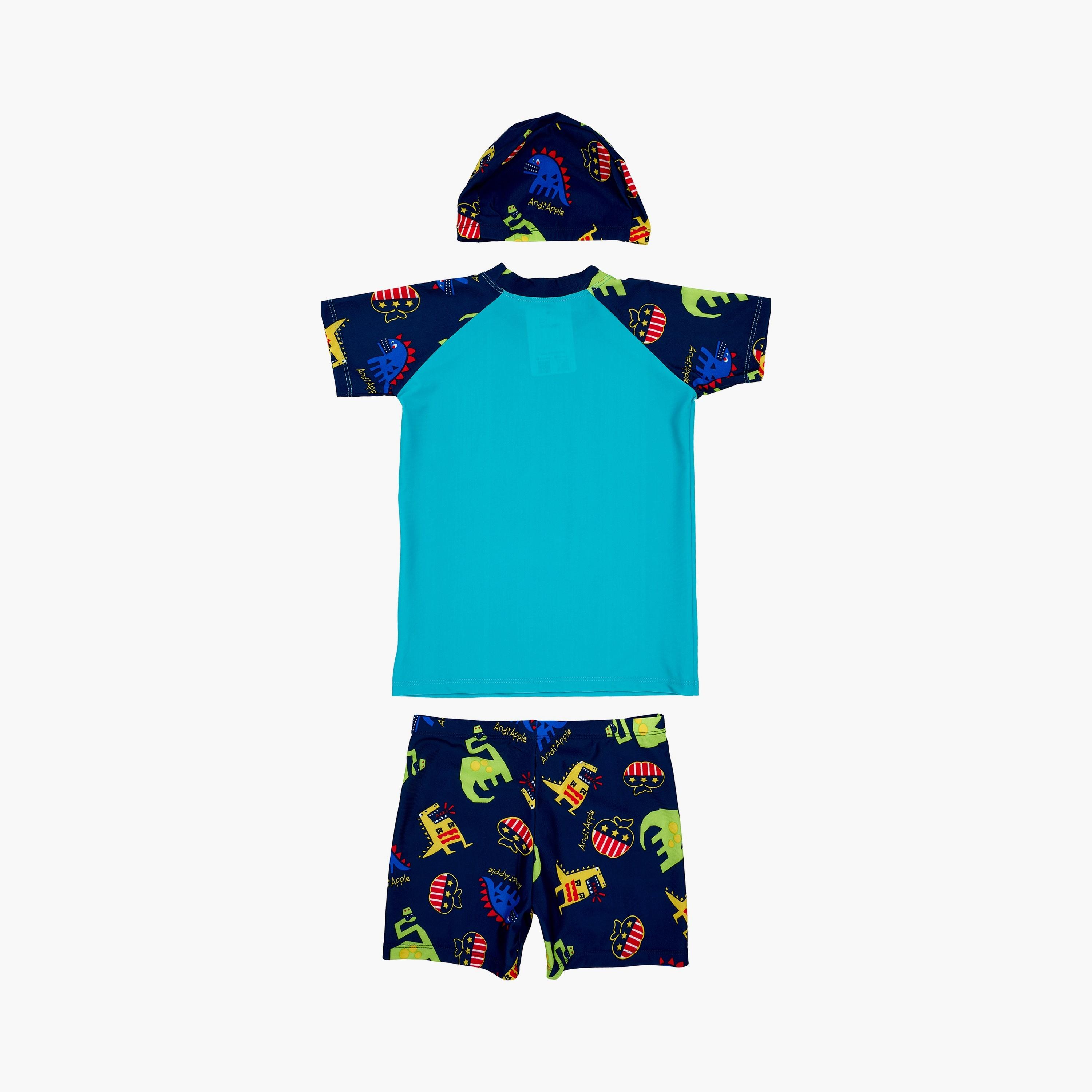 تي شيرت بأكمام قصيرة مطبوع عليه صورة ديناصور الوحش وشورت مع قبعة من بيبيكلو-boys-clothing-swimwear-image-5