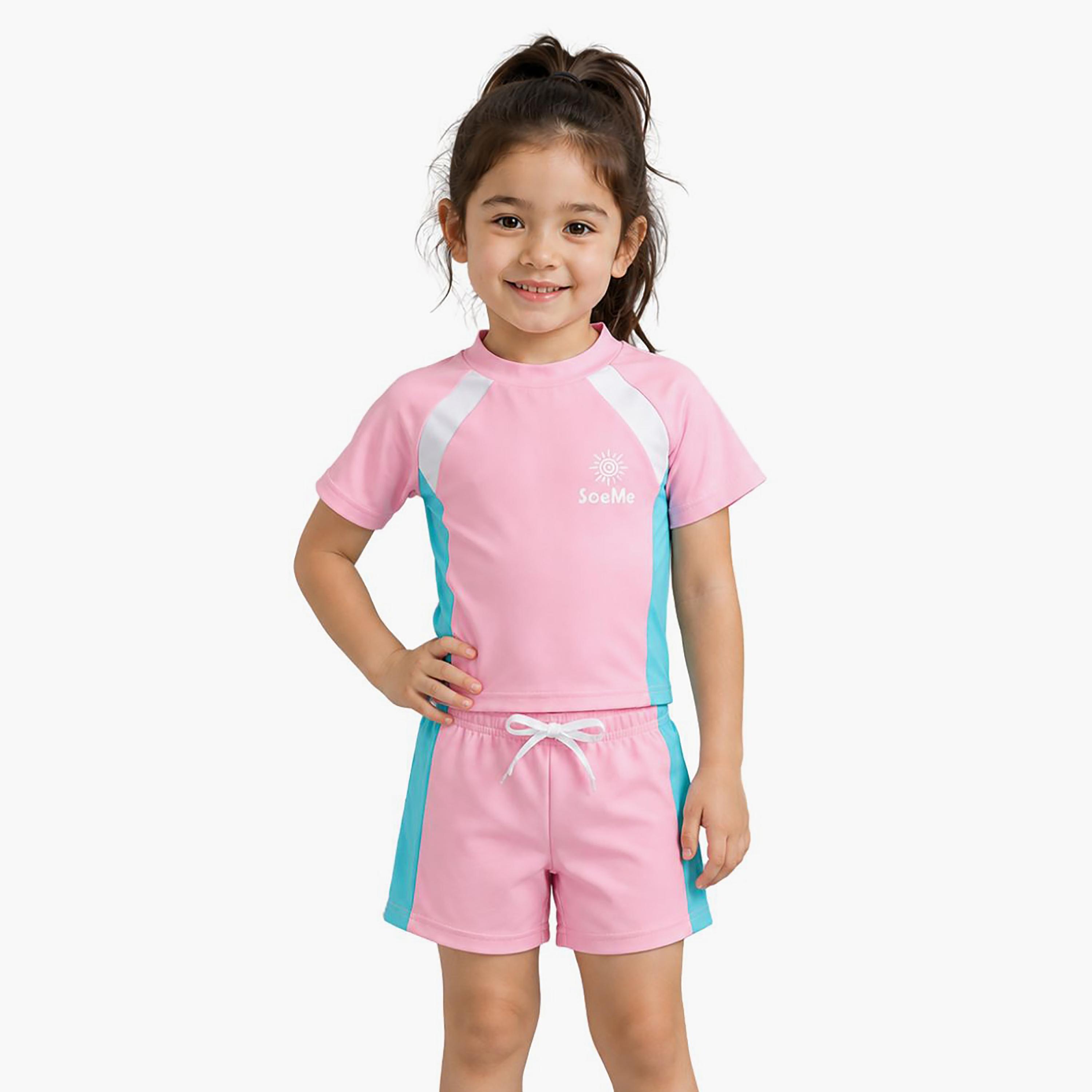 طقم تيشيرت وشورت سباحة سادة بأكمام قصيرة من بيبيكلو-girls-clothing-swimwear-image-1