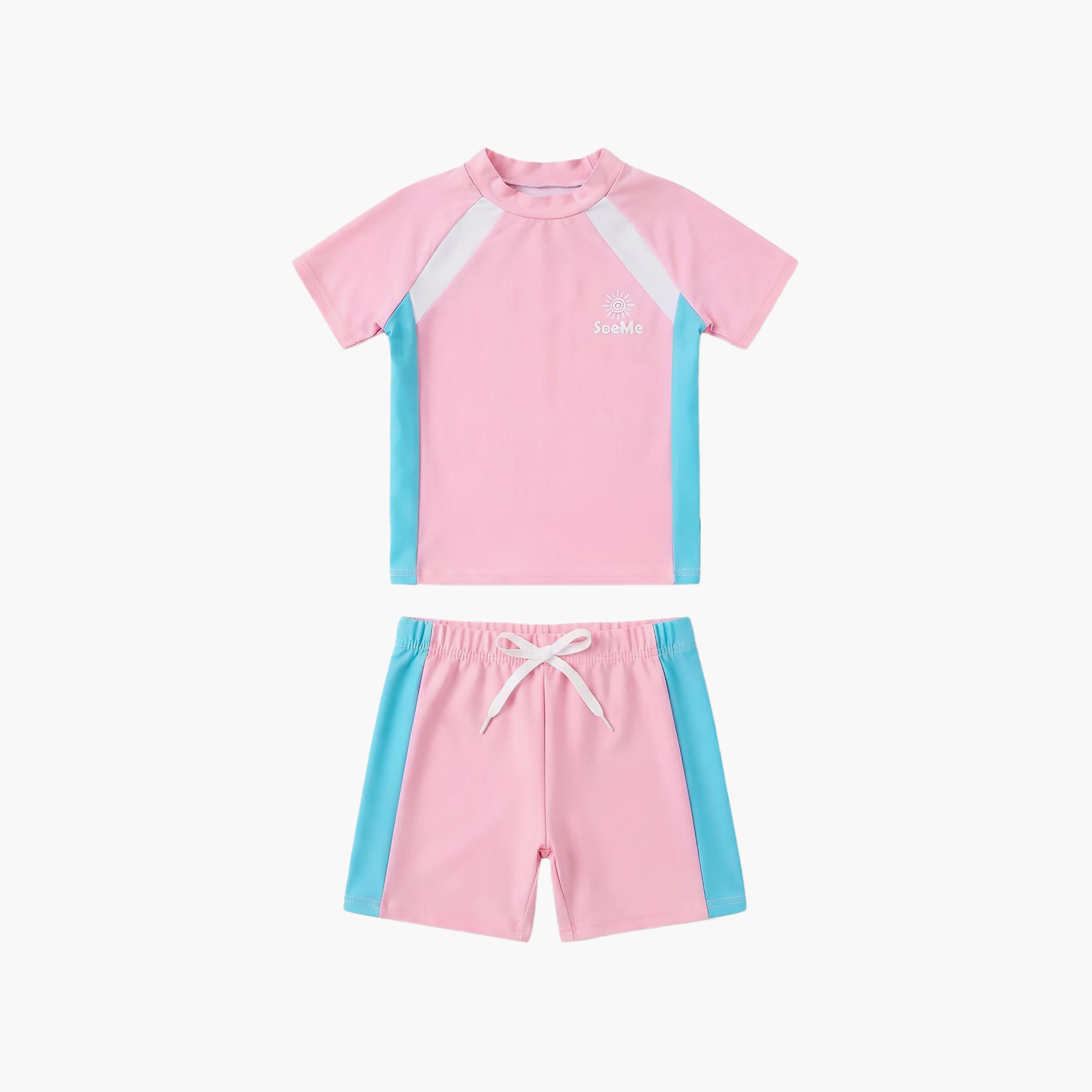 طقم تيشيرت وشورت سباحة سادة بأكمام قصيرة من بيبيكلو-girls-clothing-swimwear-image-3