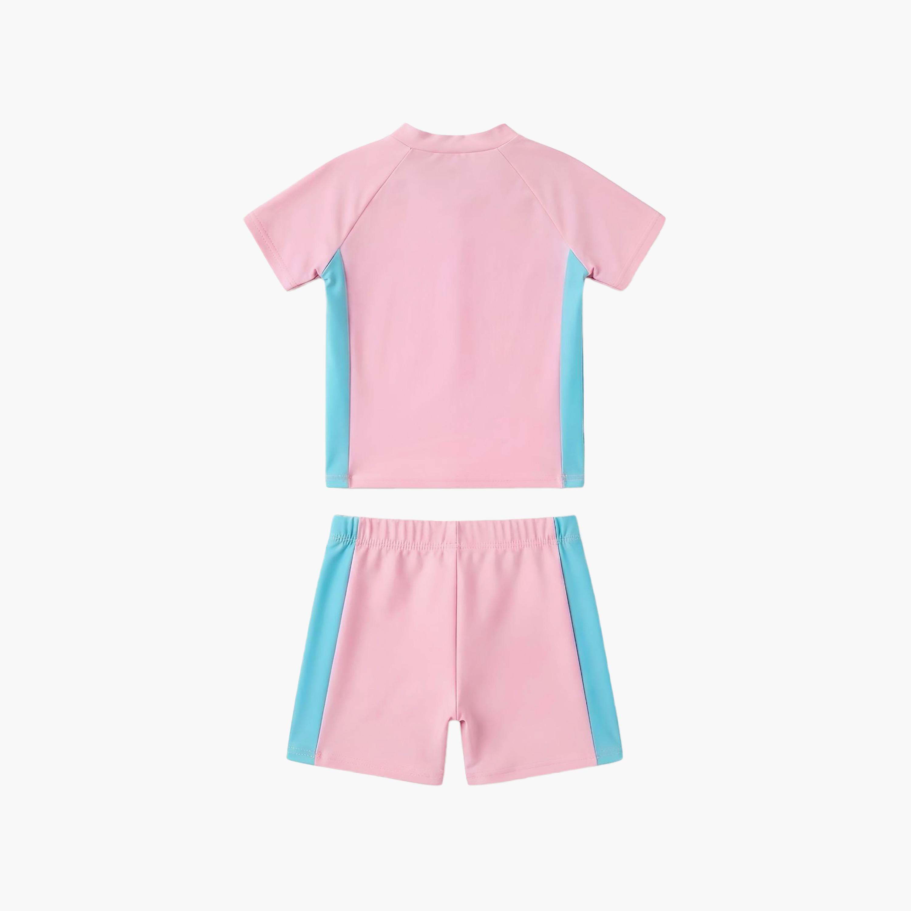 طقم تيشيرت وشورت سباحة سادة بأكمام قصيرة من بيبيكلو-girls-clothing-swimwear-image-4