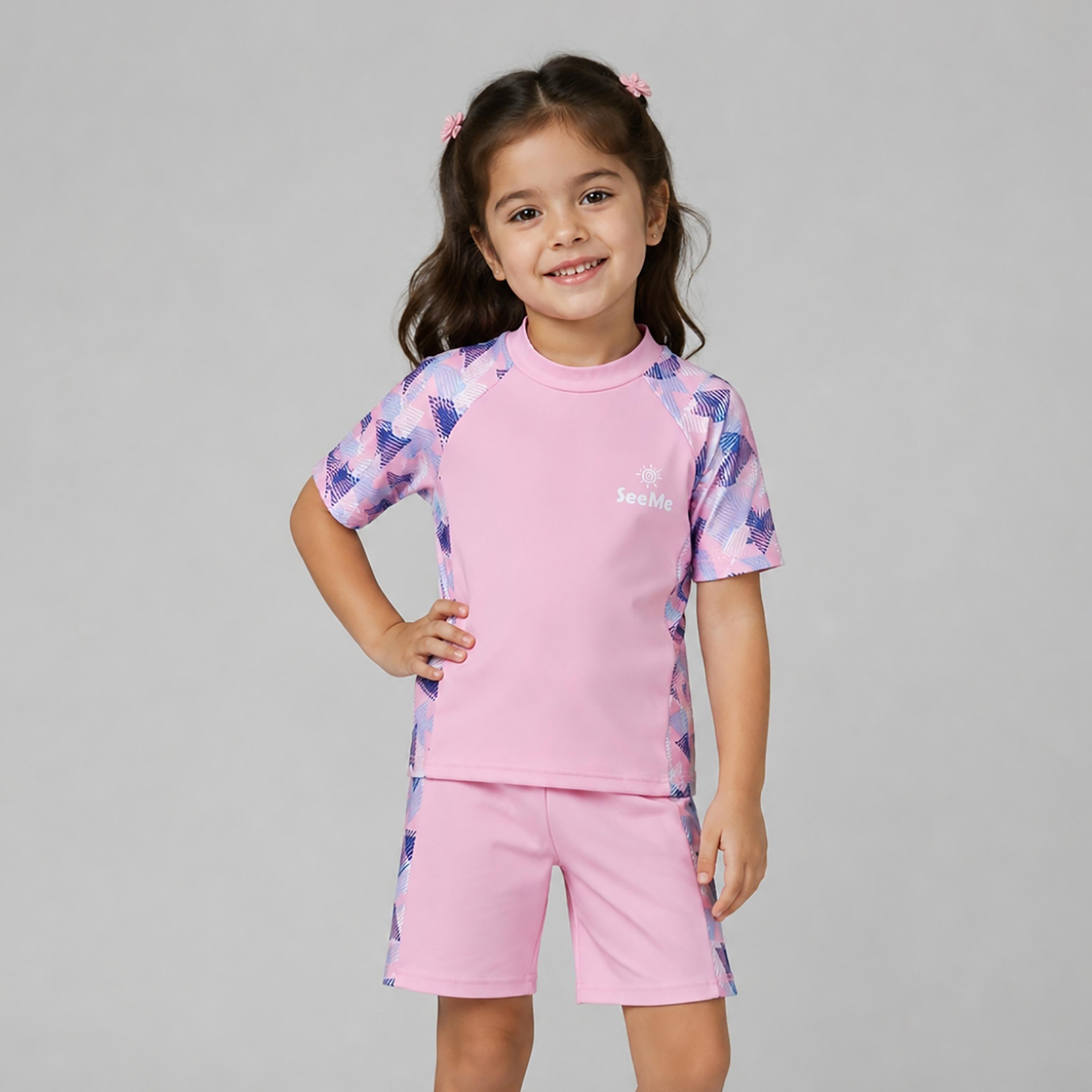 طقم تيشيرت وشورت سباحة بأكمام قصيرة ومطبوع من بيبيكلو-girls-clothing-swimwear-image-1