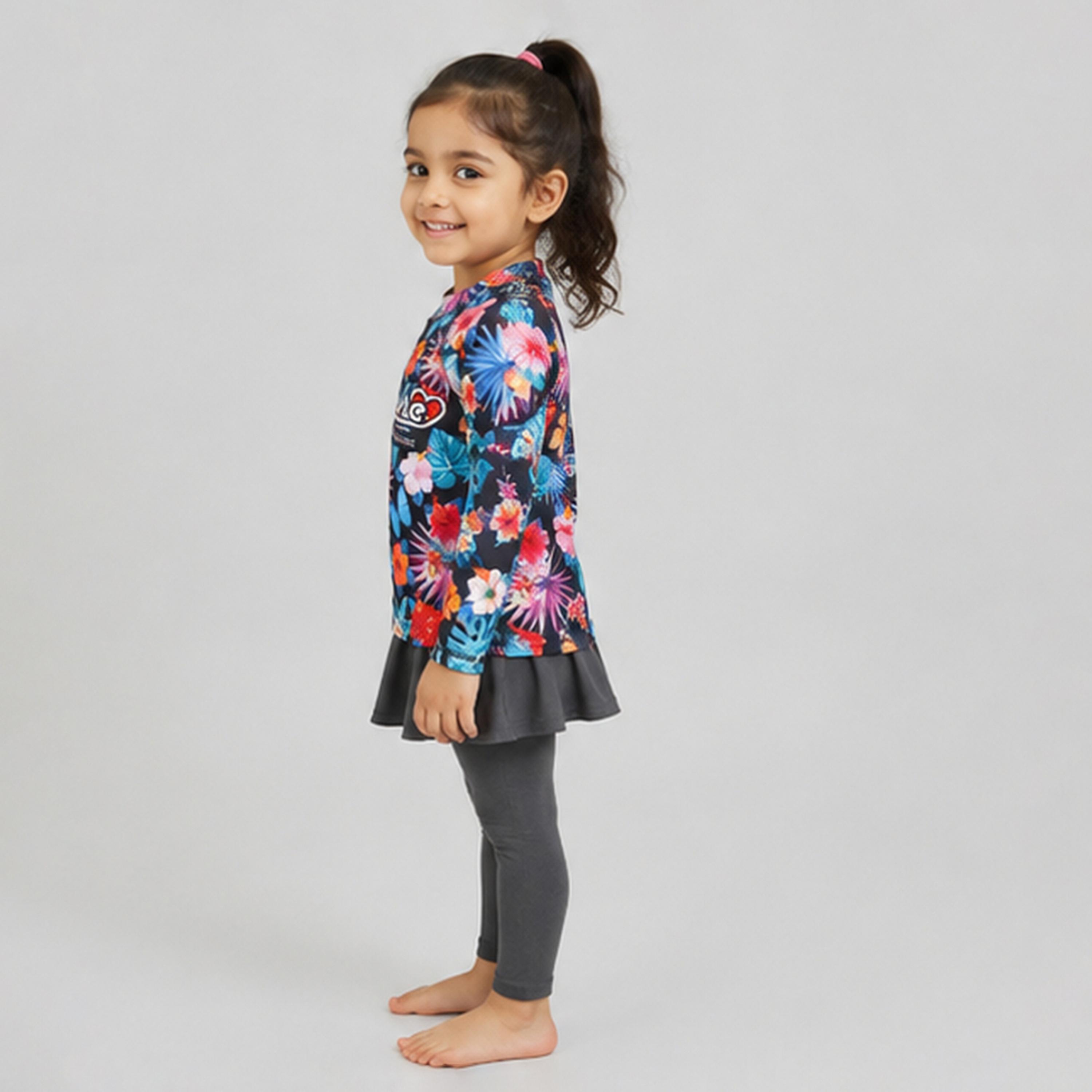 طقم تيشيرت سباحة بأكمام طويلة وتنورة ليقنز بطبعة زهور من بيبيكلو-girls-clothing-swimwear-image-2