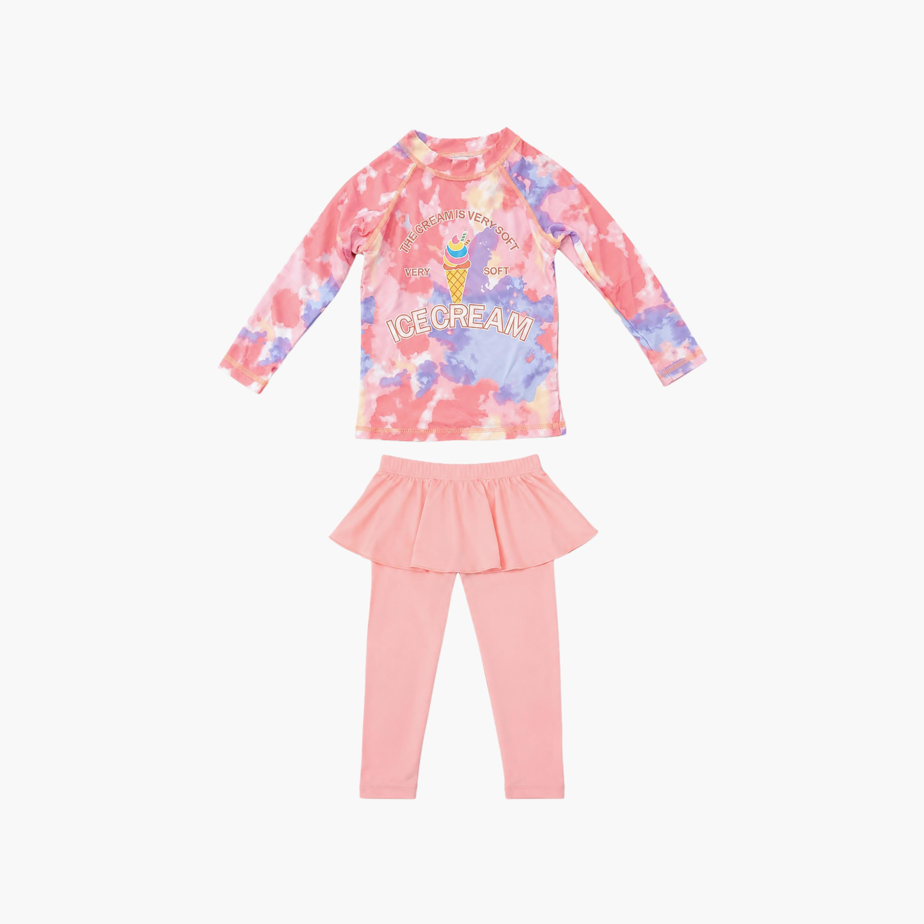 طقم تيشيرت سباحة بأكمام طويلة وطبعات وليقنز بتنورة من بيبيكلو-girls-clothing-swimwear-image-4
