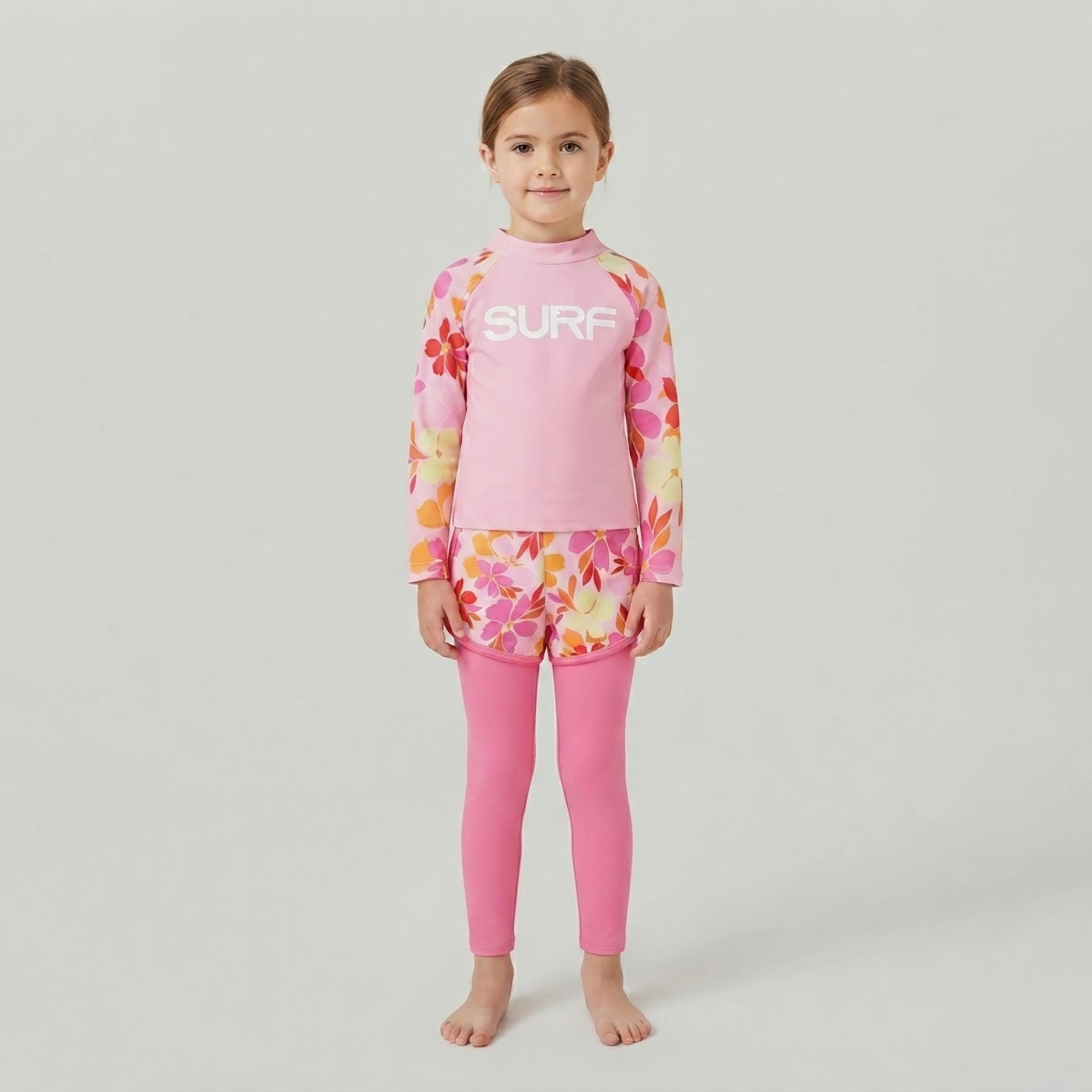 Babyqlo 3-Piece Floral Long Sleeves Swim T-shirt & Shorts with Leggings-girls-clothing-swimwear-image-1
