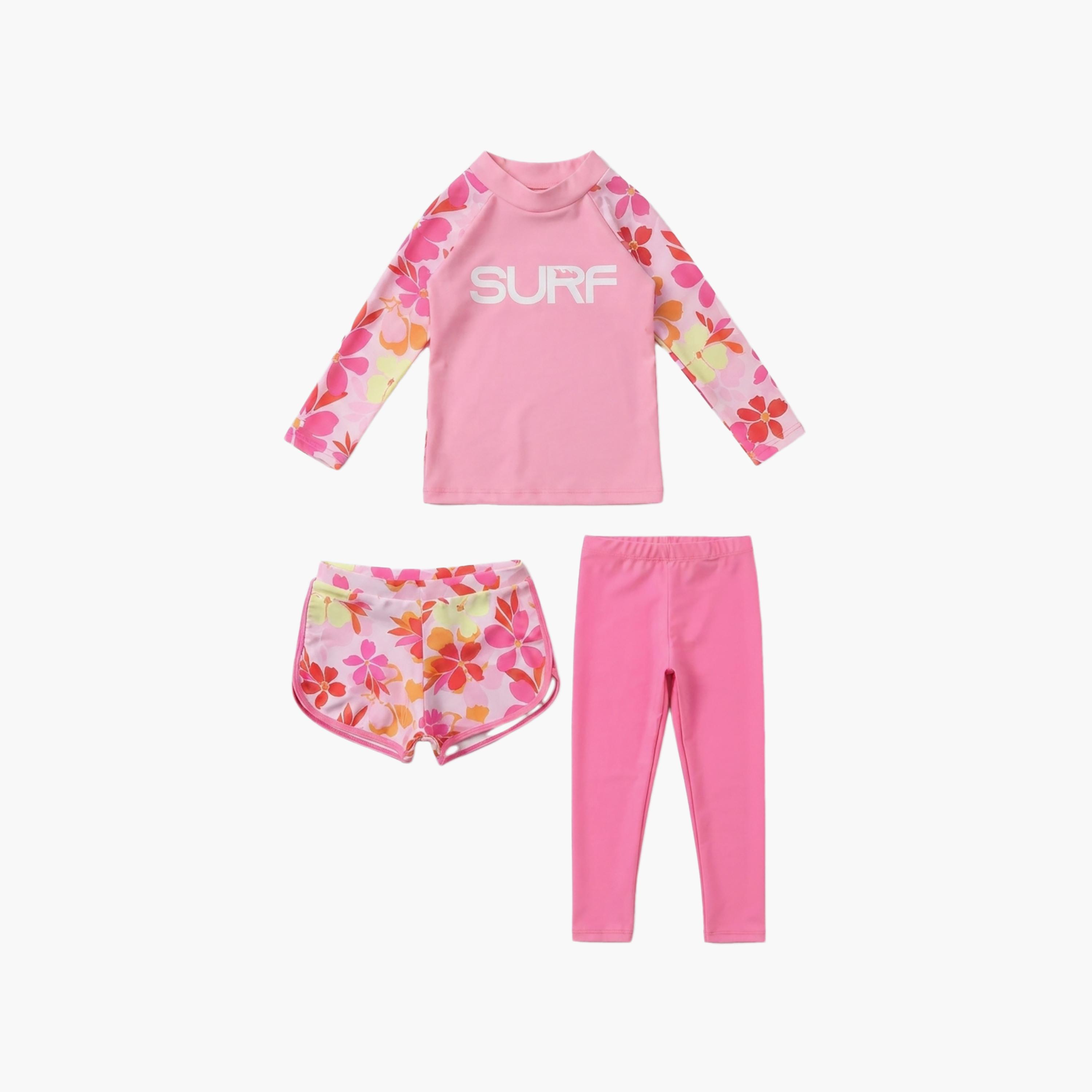 Babyqlo 3-Piece Floral Long Sleeves Swim T-shirt & Shorts with Leggings-girls-clothing-swimwear-image-3