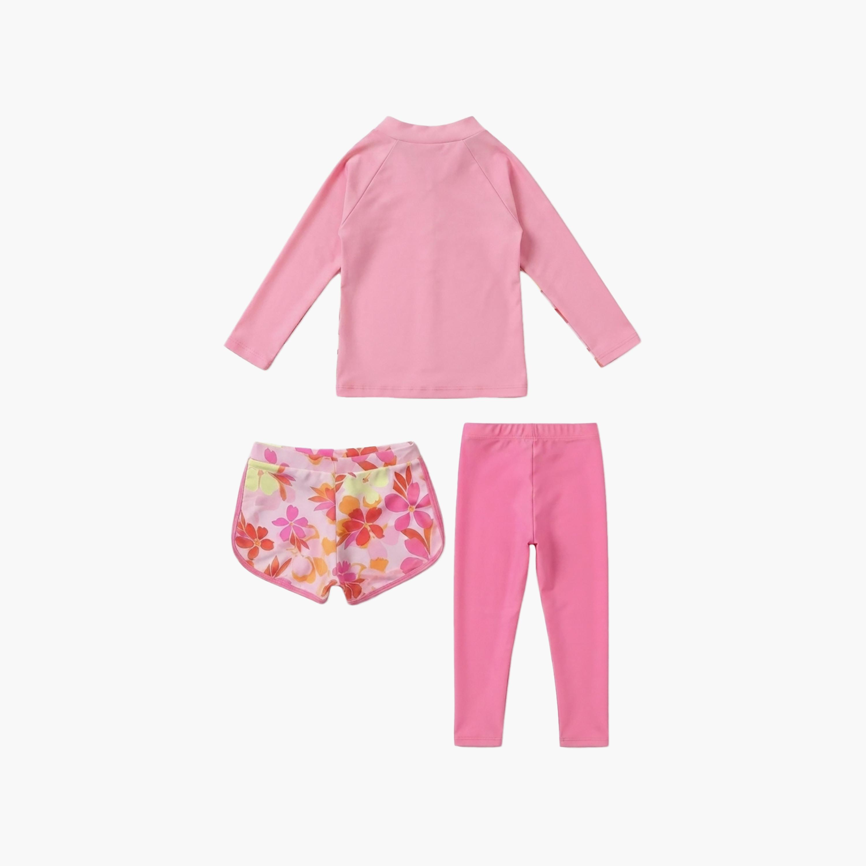 Babyqlo 3-Piece Floral Long Sleeves Swim T-shirt & Shorts with Leggings-girls-clothing-swimwear-image-4
