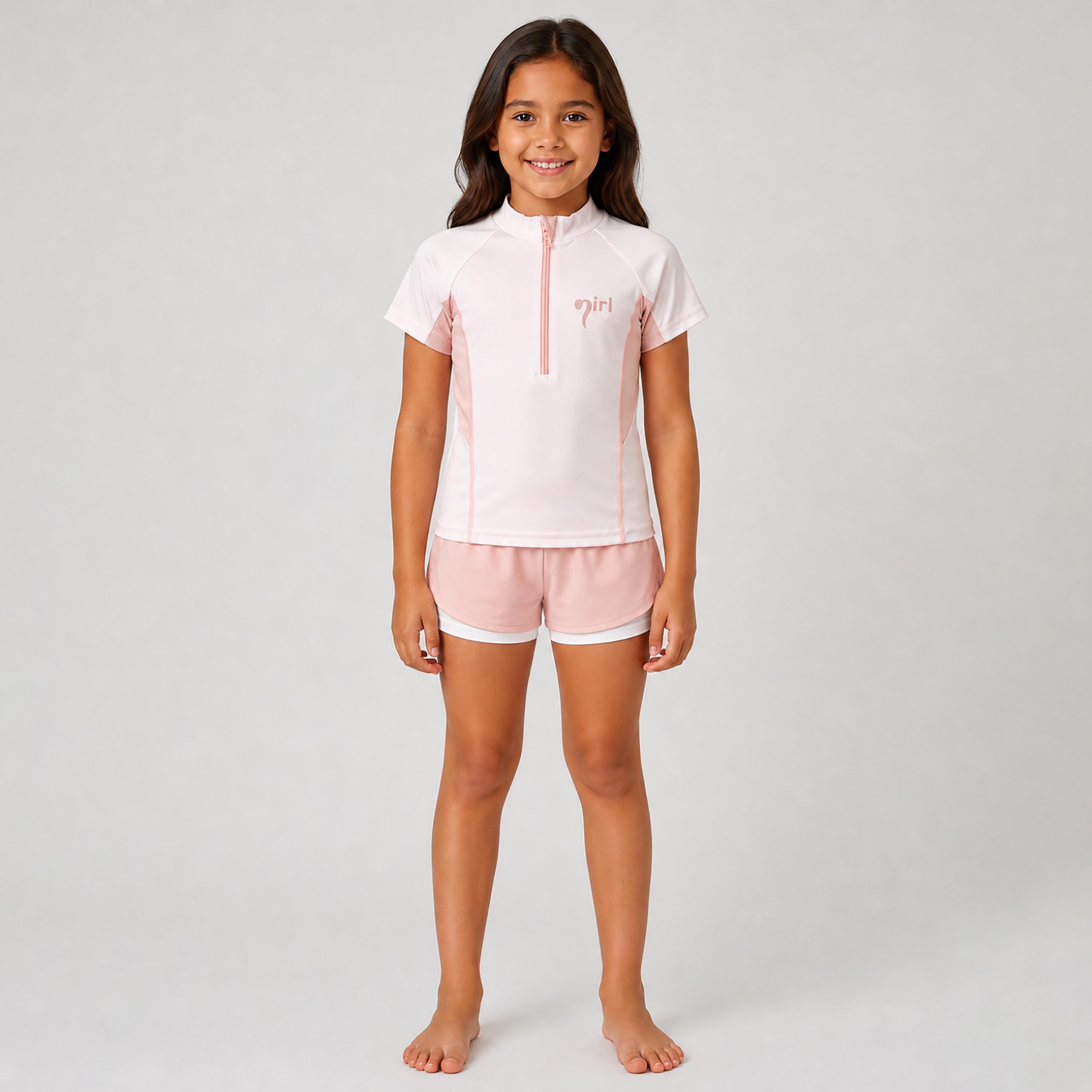 طقم تيشيرت وشورت سباحة سادة بأكمام قصيرة من بيبيكلو-girls-clothing-swimwear-image-1