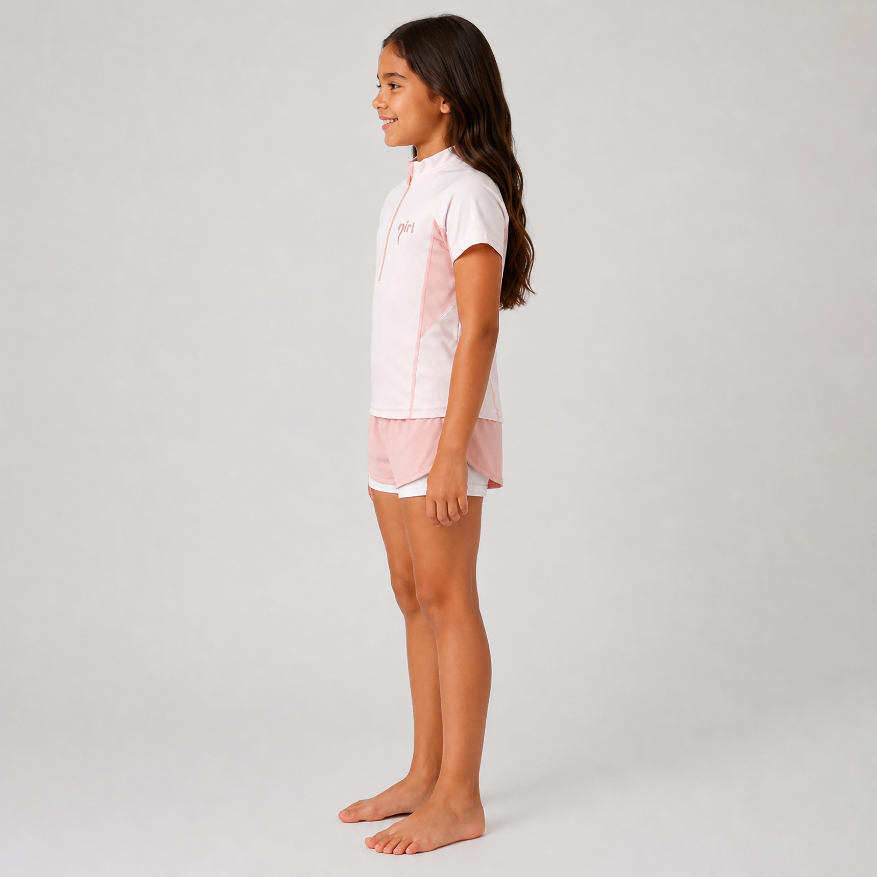 طقم تيشيرت وشورت سباحة سادة بأكمام قصيرة من بيبيكلو-girls-clothing-swimwear-image-2