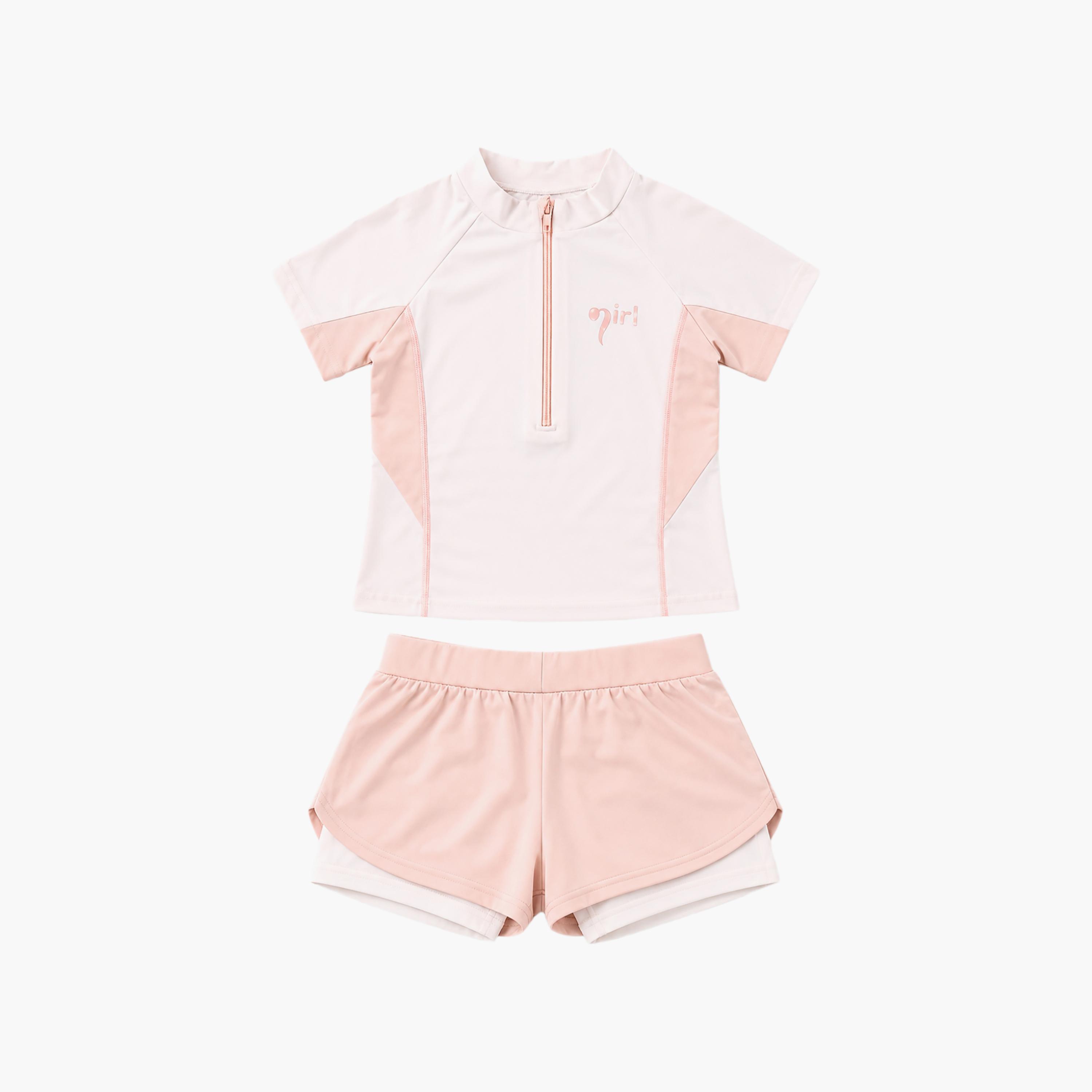 طقم تيشيرت وشورت سباحة سادة بأكمام قصيرة من بيبيكلو-girls-clothing-swimwear-image-4