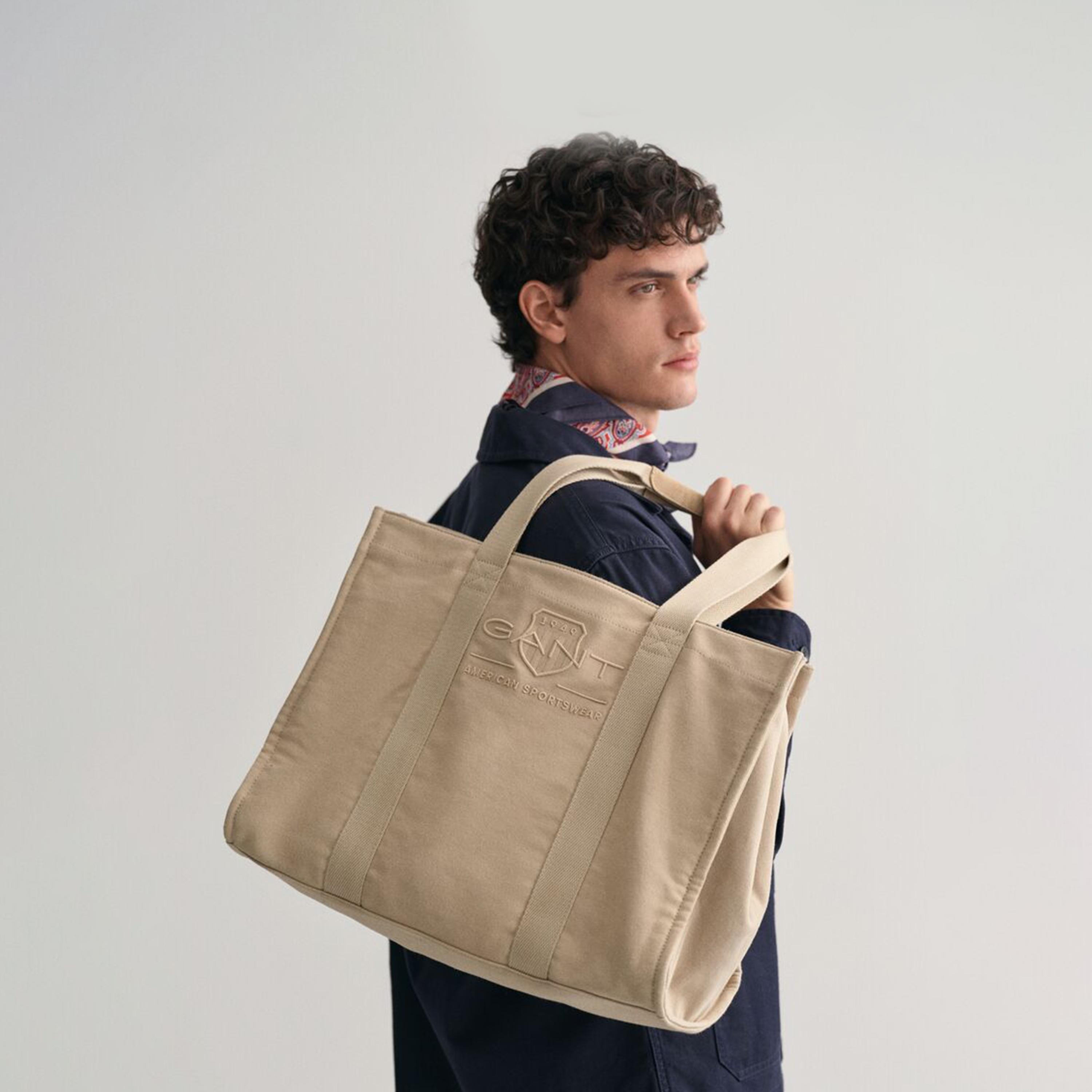 Gant Logo Detailed Top Handle Tonal Shield Tote Bag in Beige-men-bags-image-4
