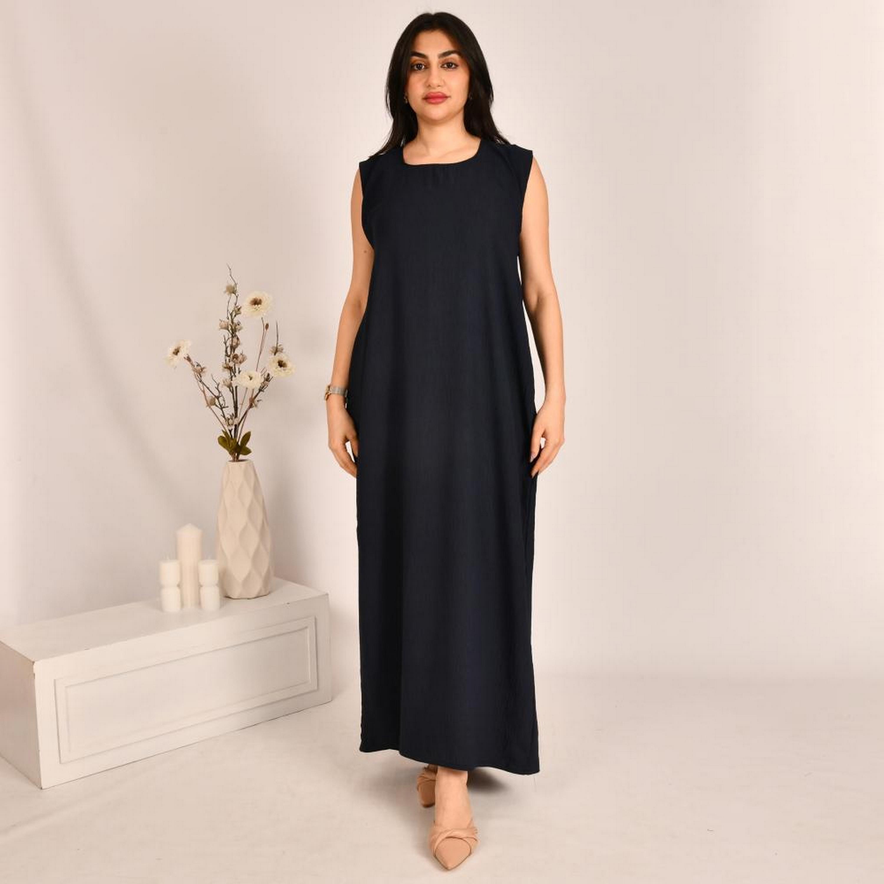 Beyond Abaya Navy Blue Textured Linen Women's Abaya Inner Dress-women-arabicclothing-abayainner-image-1