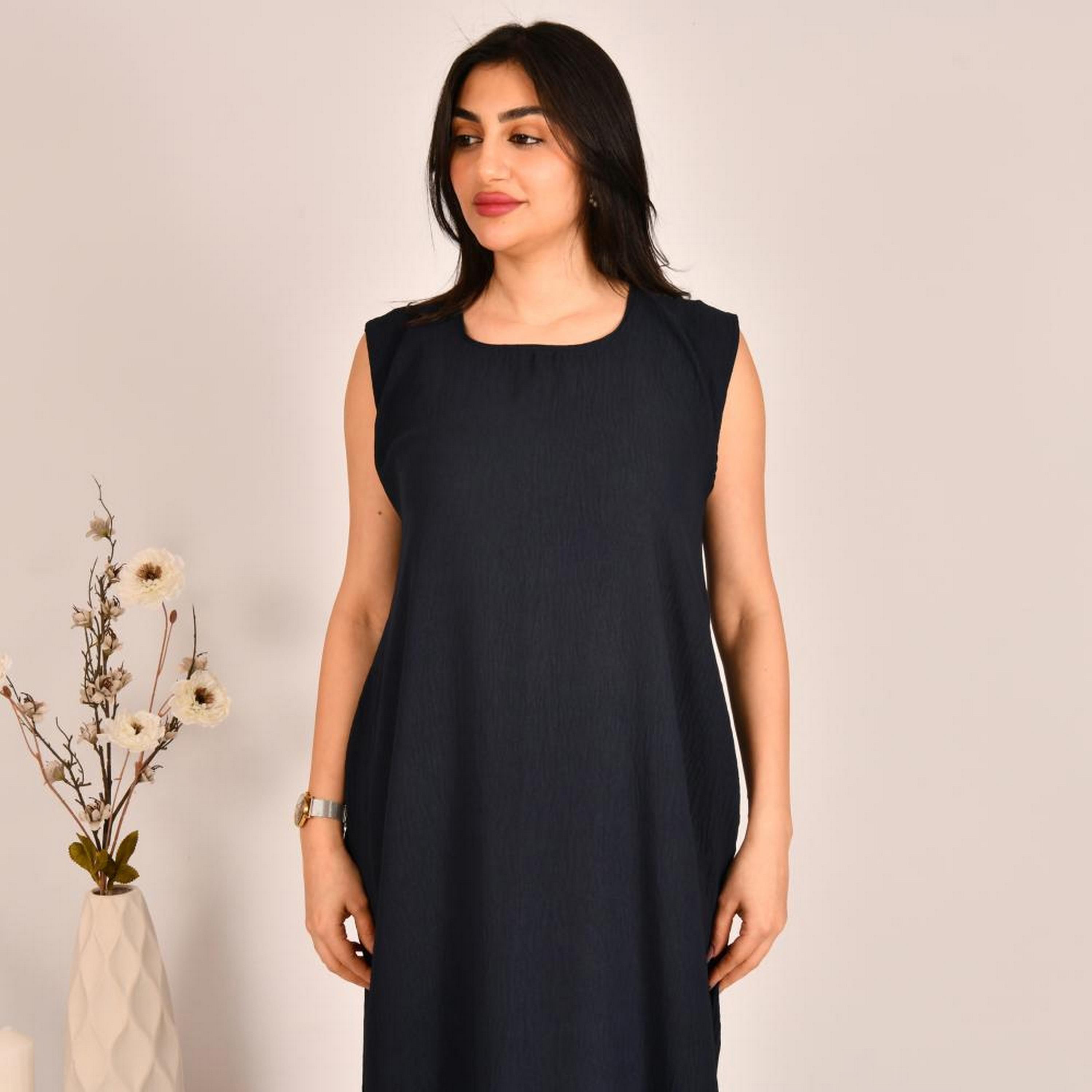 Beyond Abaya Navy Blue Textured Linen Women's Abaya Inner Dress-women-arabicclothing-abayainner-image-2