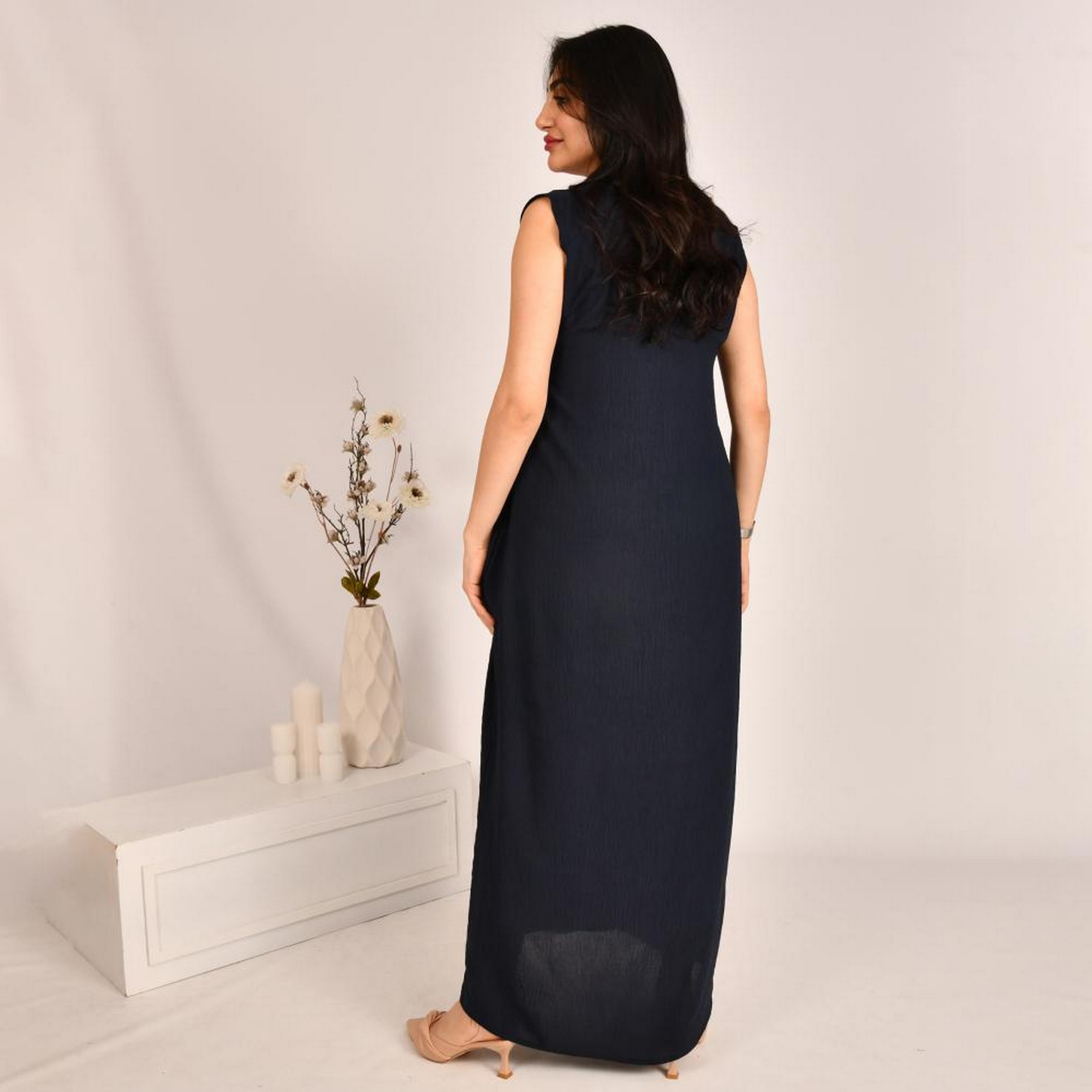 Beyond Abaya Navy Blue Textured Linen Women's Abaya Inner Dress-women-arabicclothing-abayainner-image-3